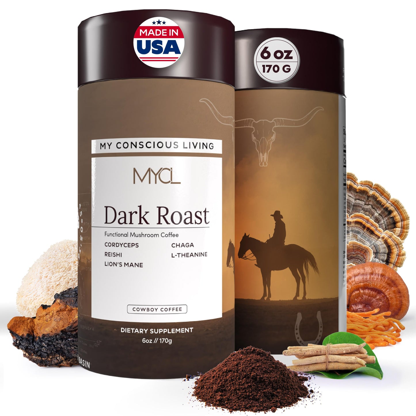MYCL Organic Mushroom Coffee - Instant Coffee - 1,680mg Fruiting Body - Reishi, Lion’s Mane, Cordyceps, Chaga & L-Theanine - Focus, Energy & Immunity - Vegan, Gluten-Free - Dark Roast, 30 Servings