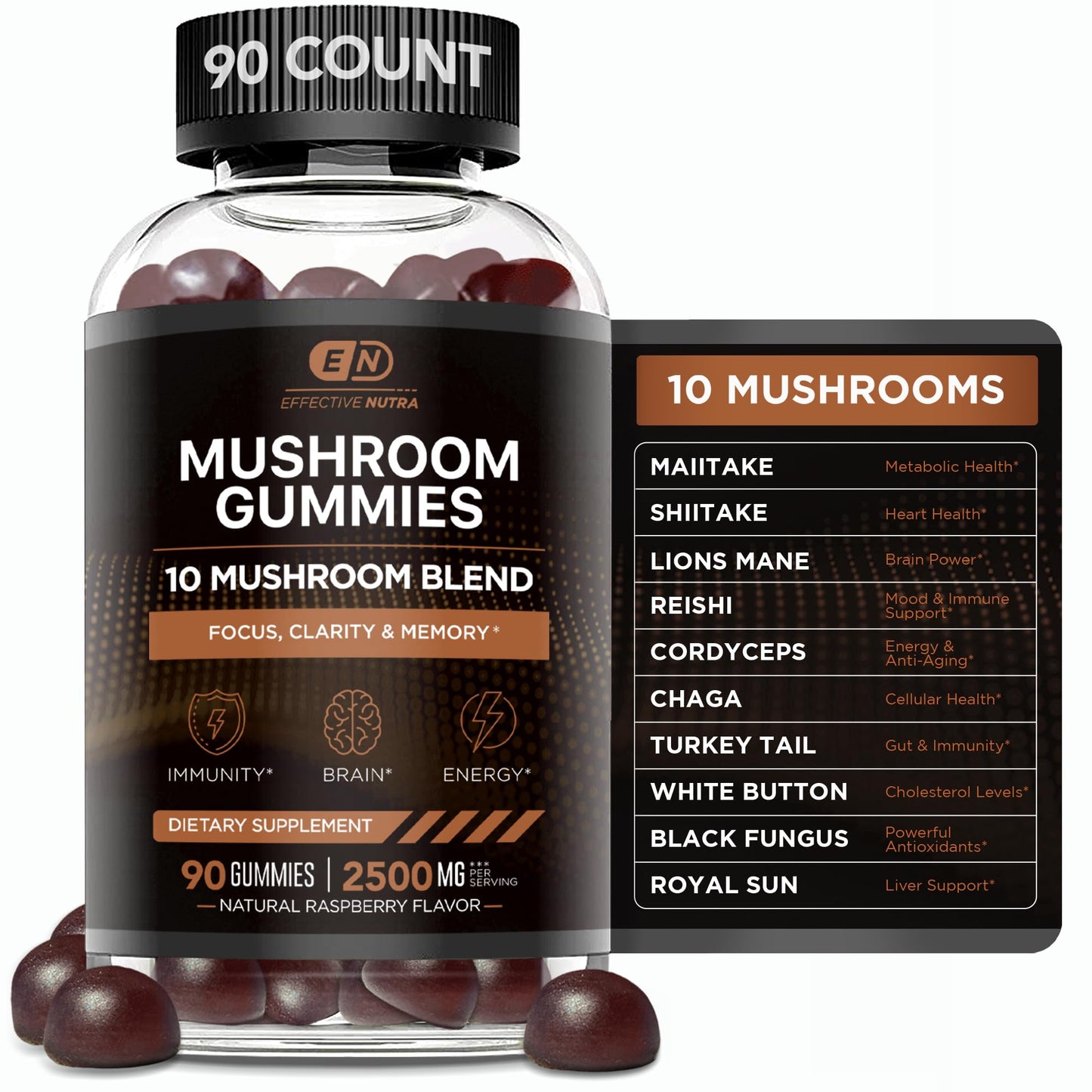 EFFECTIVE NUTRA Mushroom Gummies 2500mg | 10 Blend w/Lions Mane, Reishi, Chaga, Cordyceps & More | Focus, Memory, Immunity, Energy | Natural Berry Flavor Supplement | Vegan, Made in USA (90ct)