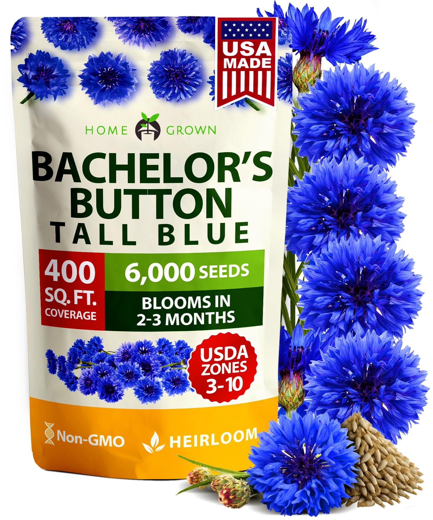 HOME GROWN Bachelor Button Seeds Tall Blue - 6000 Cornflower, Stunning Blue Blooms for Wildflower Gardens, Non-GMO Flowers & Pollinator-Friendly Spaces, Low Maintenance Flower Seeds (Centaurea cyanus)