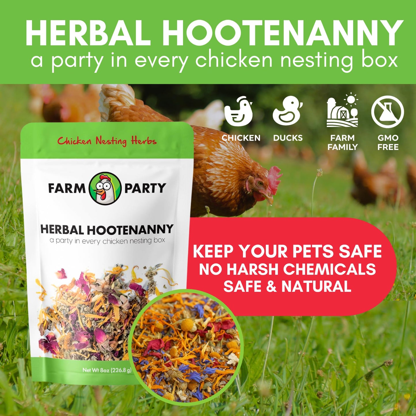 Farm Party Herbal Hootenanny Chicken Nesting Herbs 8oz - Chicken Dust Bath Mix Deodorizer Keeps Nest Boxes & Coop Fresh - Chicken Coop Herbs - Chicken Accessories for Coops