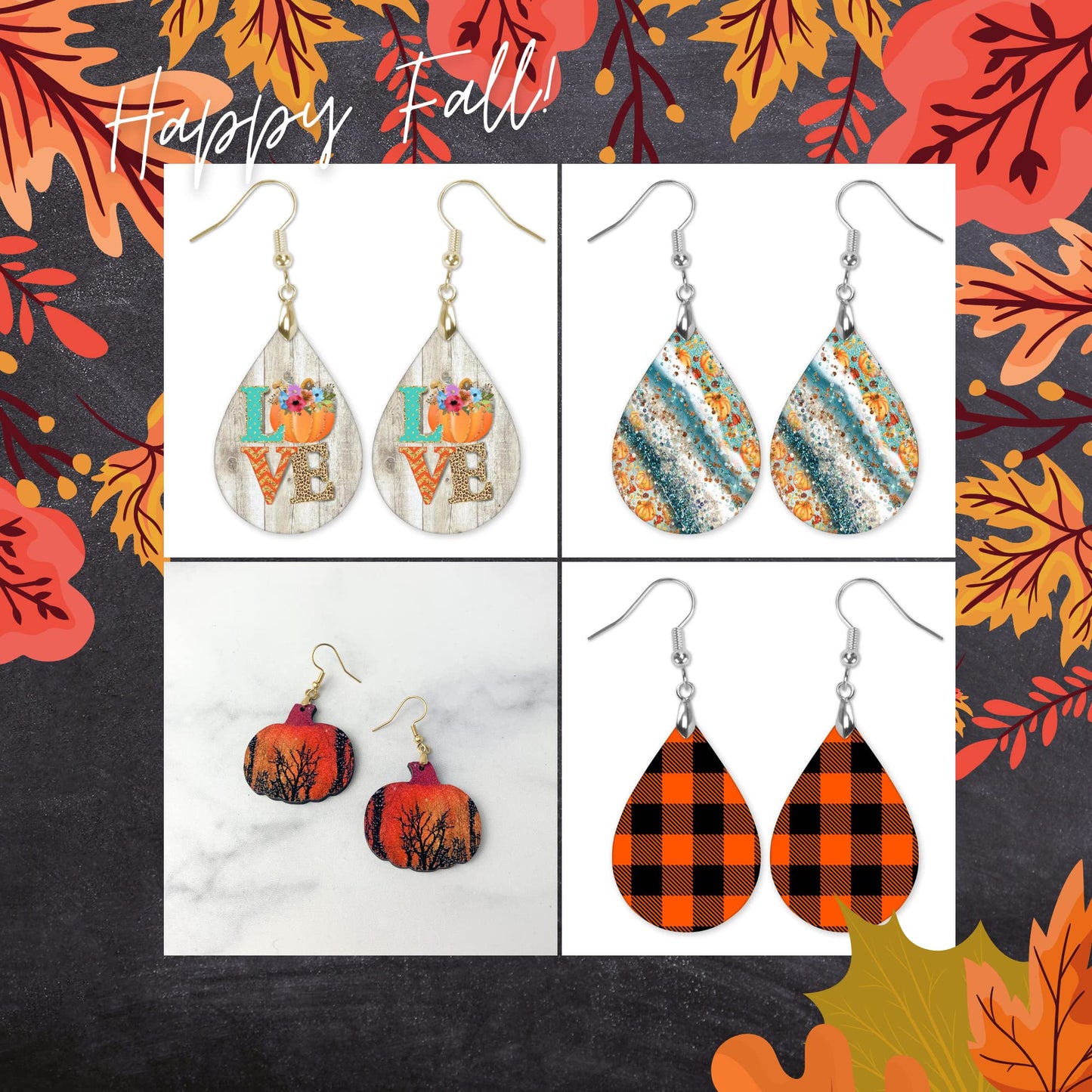 Fall Earrings for Women Autumn Lightweight Teardrop Dangle Fun Colorful Statement Jewelry Handmade by the Painted Pug (Fall LOVE)