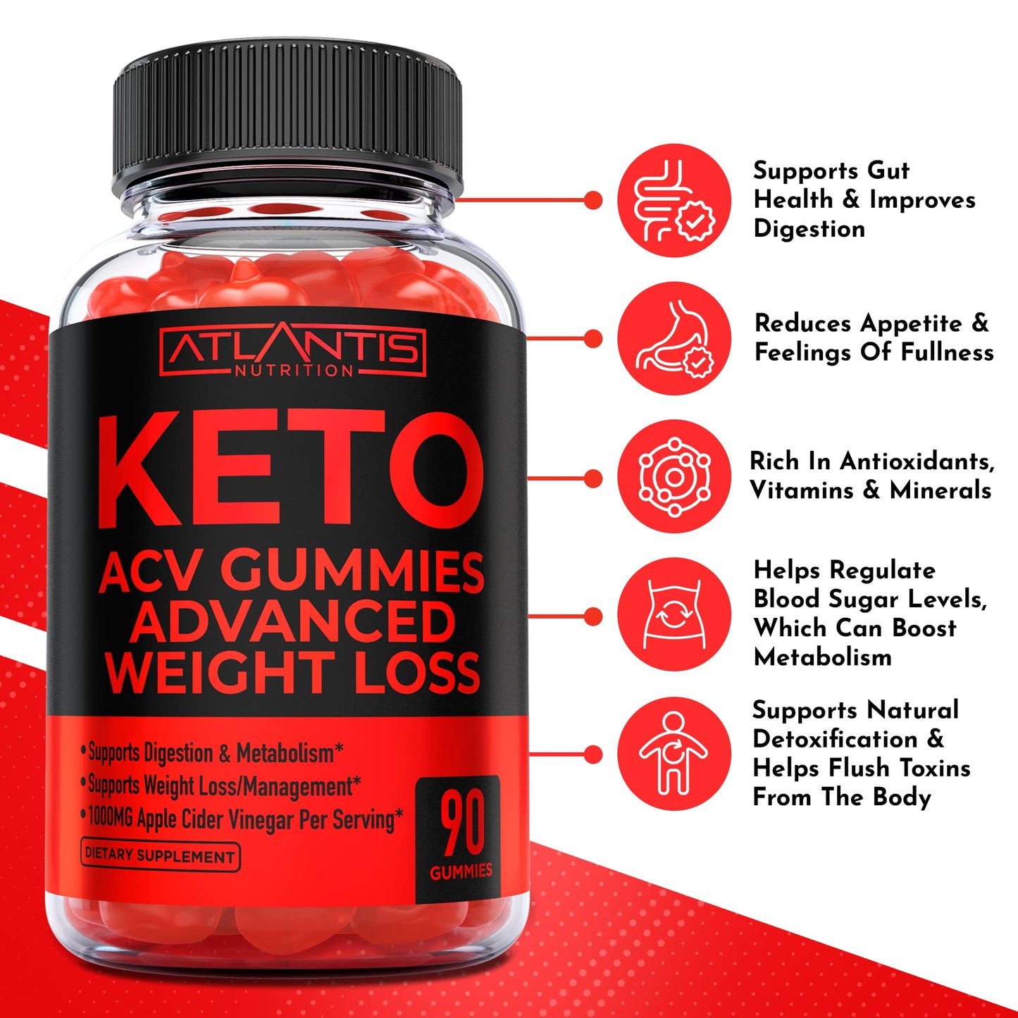 Atlantis Nutrition Keto ACV Gummies for Weight Loss - Supports Digestion, Weight Loss, Detox & Cleansing - Apple Cider Vinegar Gummies Formulated with 1000MG ACV Per Serving - 90 Count