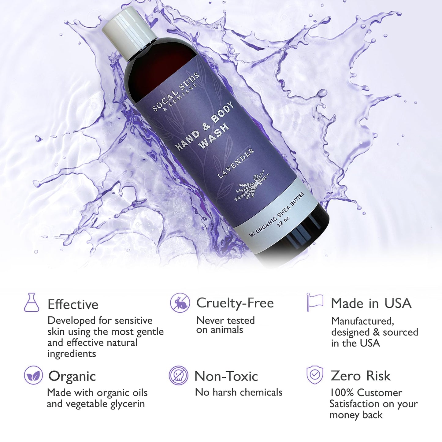 SoCal Suds & Company Organic Shea Butter Body Wash – Lavender Liquid Soap for Hand & Body, Moisturizing Shower Gel, Daily Body Wash for Women, Men & Unisex, Gentle Skin Care & Protection - (12oz)