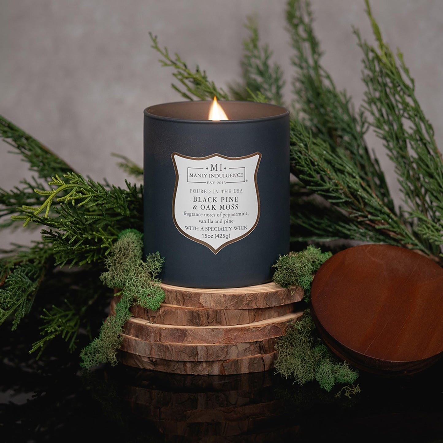 Manly Indulgence Black Pine Oakmoss Scented Candles for Men, 15 oz Wooden Wick, Fathers Day Candle, 60H Burn, Candles for Home Scented - Made in The USA