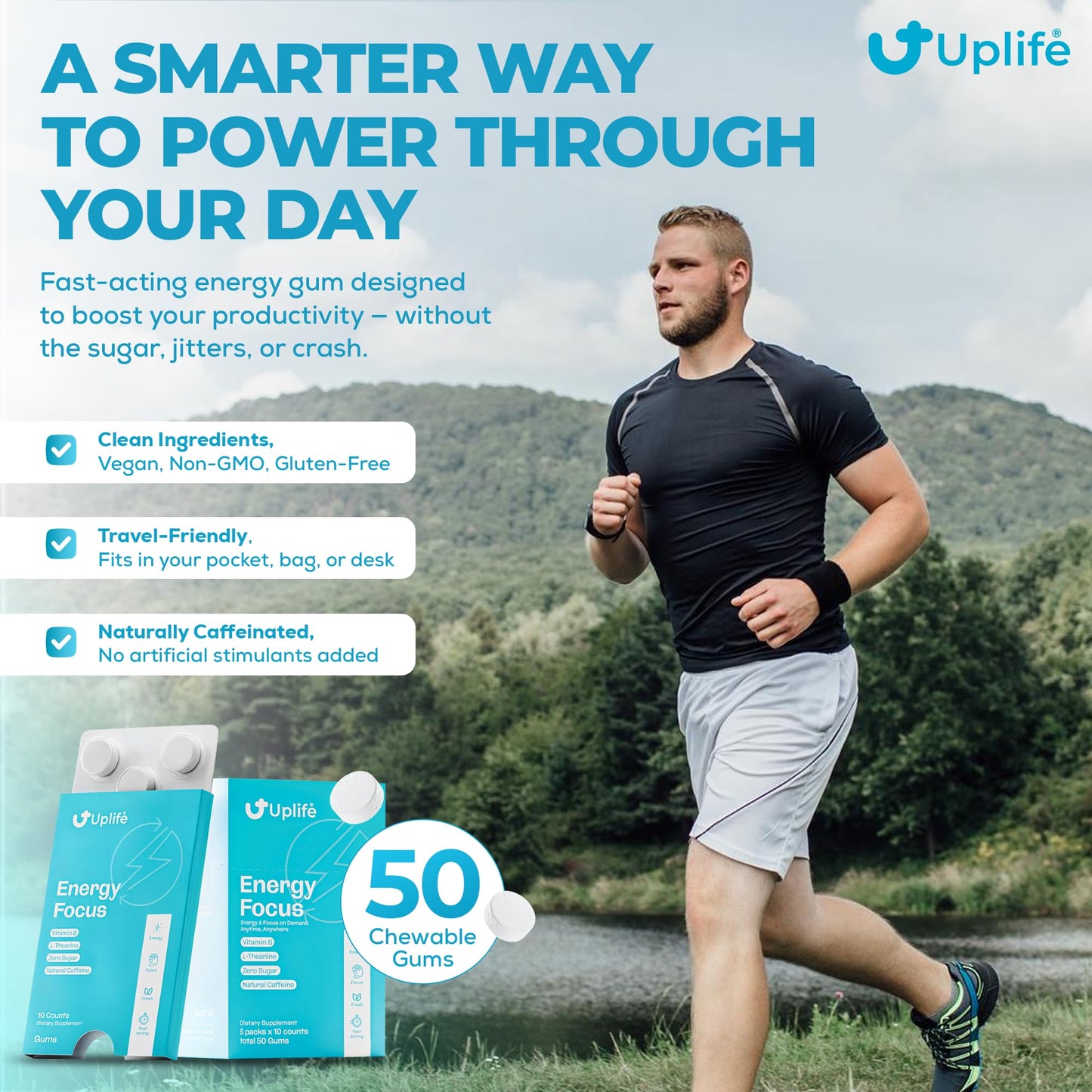 Uplife Energy + Focus Gum 50 Pieces – 40mg Caffeine + 80mg L-Theanine – Sugar-Free Nootropic Gum with B3 & B12 – Mint Flavor – Natural Caffeine for Energy & Focus – Coffee Alternative