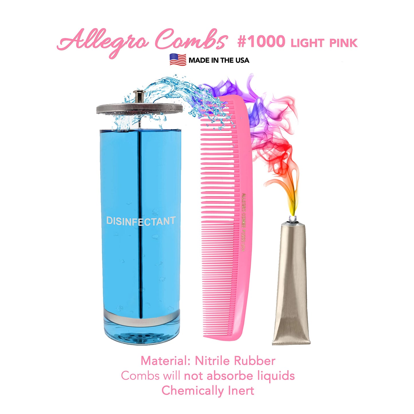 Allegro Combs 1000 X-Large Styling Comb Hair Cutting Barber Stylist Shampoo Combs All Purpose Wide And Fine Tooth Made In The USA 2 Pc. (Light Pink)