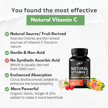 HCL HERBAL CODE LABS Natural Vitamin C from Organic Acerola Cherry - High Absorption - with Garlic Ginger & Citrus Bioflavonoids - Immune System & Collagen Booster - Anti Aging Skin Vitamins
