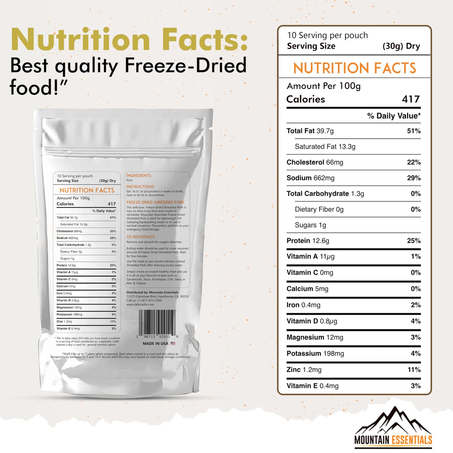 MOUNTAIN ESSENTIALS Freeze Dried Fully Cooked Shredded Pork with 7 Year Shelf Life, 10 Servings Ideal for Camping, Emergency Preparedness and Survival Meals | High Protein Made in USA