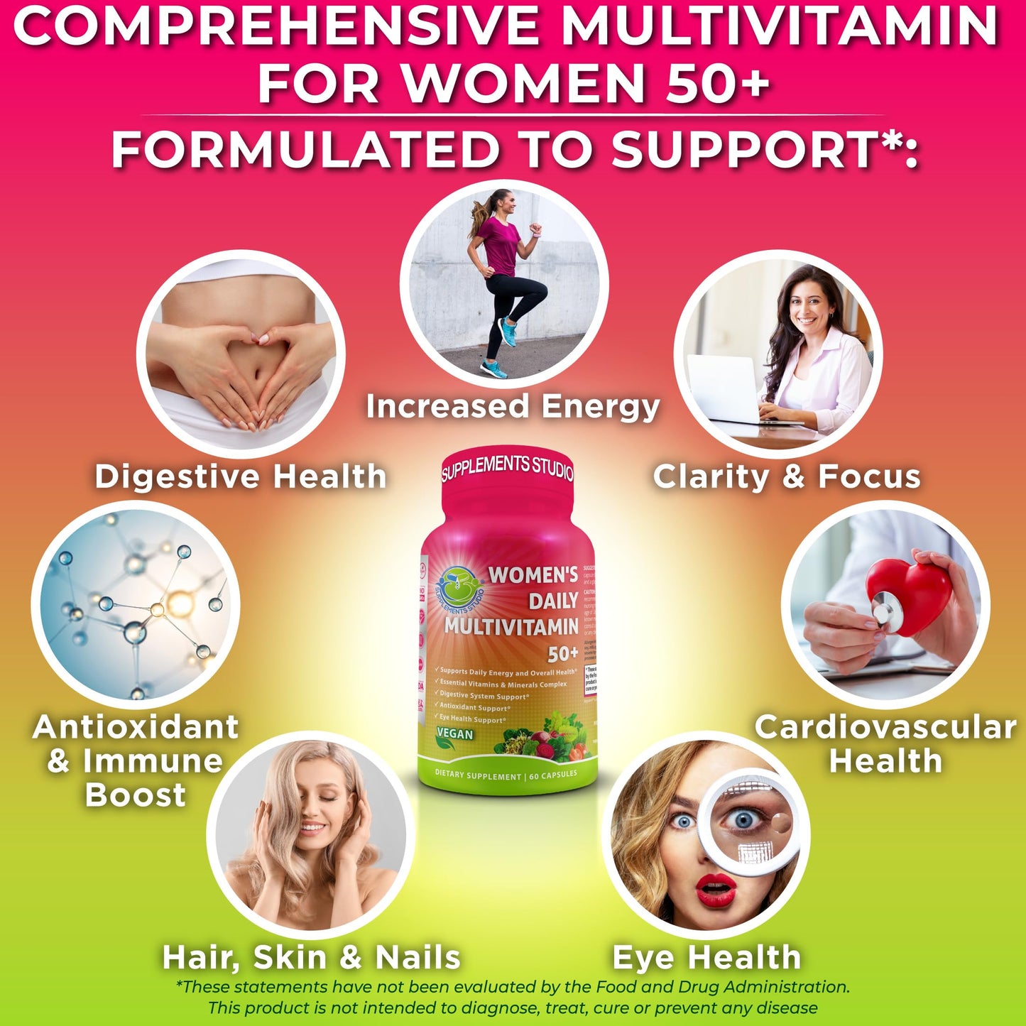 Women's Daily Multivitamin 50 Plus - Vegan Methylated Multivitamin for Women 50 and Over with Biotin, Organic Superfoods & Lutein - Eye, Energy, Gut & Optimal Health Support - Easy to Swallow Capsules