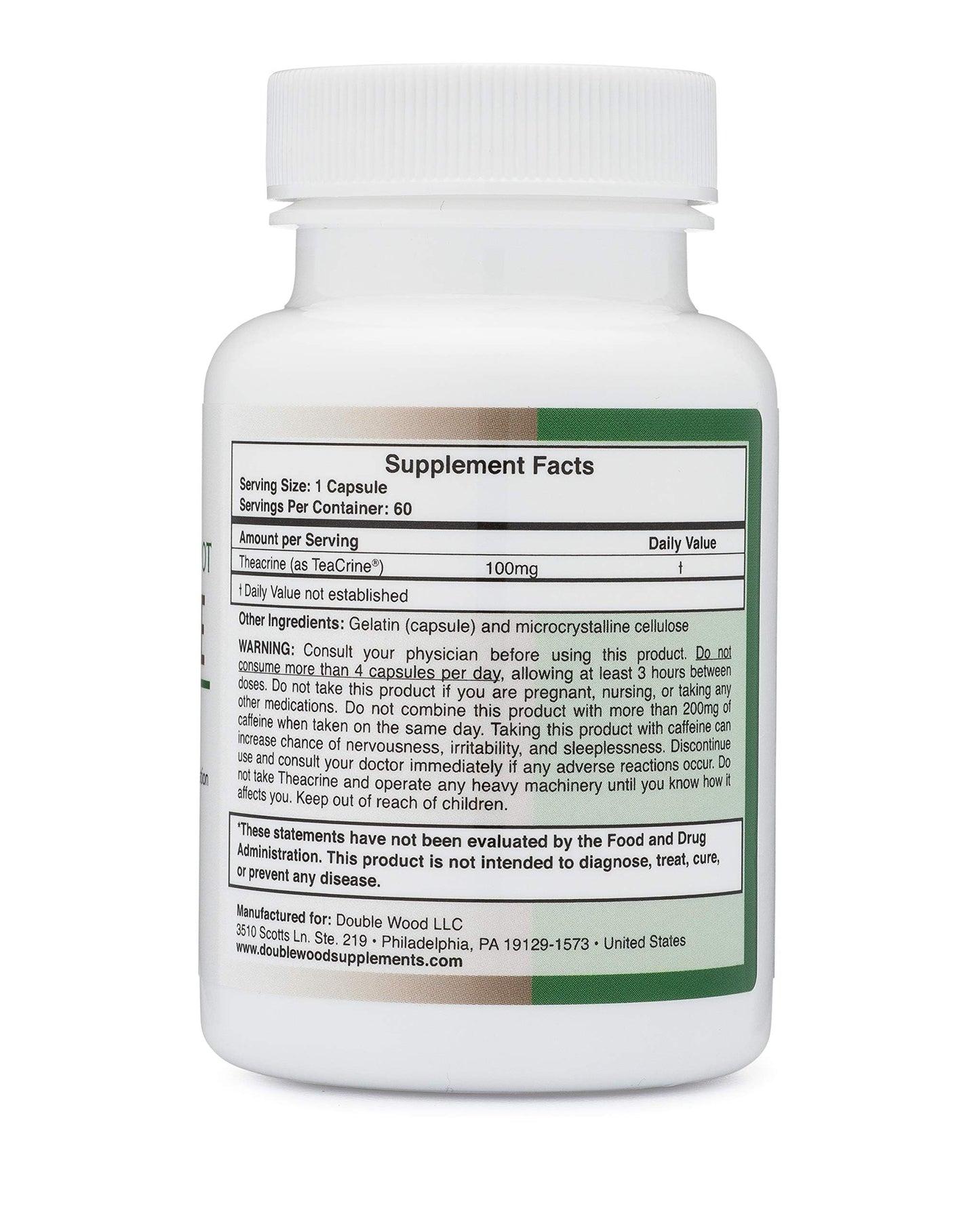 Theacrine (Teacrine) 100 Mg, 60 Capsules - Energy and Focus Supplement (Similar to Caffeine Pills but More Subtle and Longer Lasting) Non-GMO and Gluten Free by Double Wood