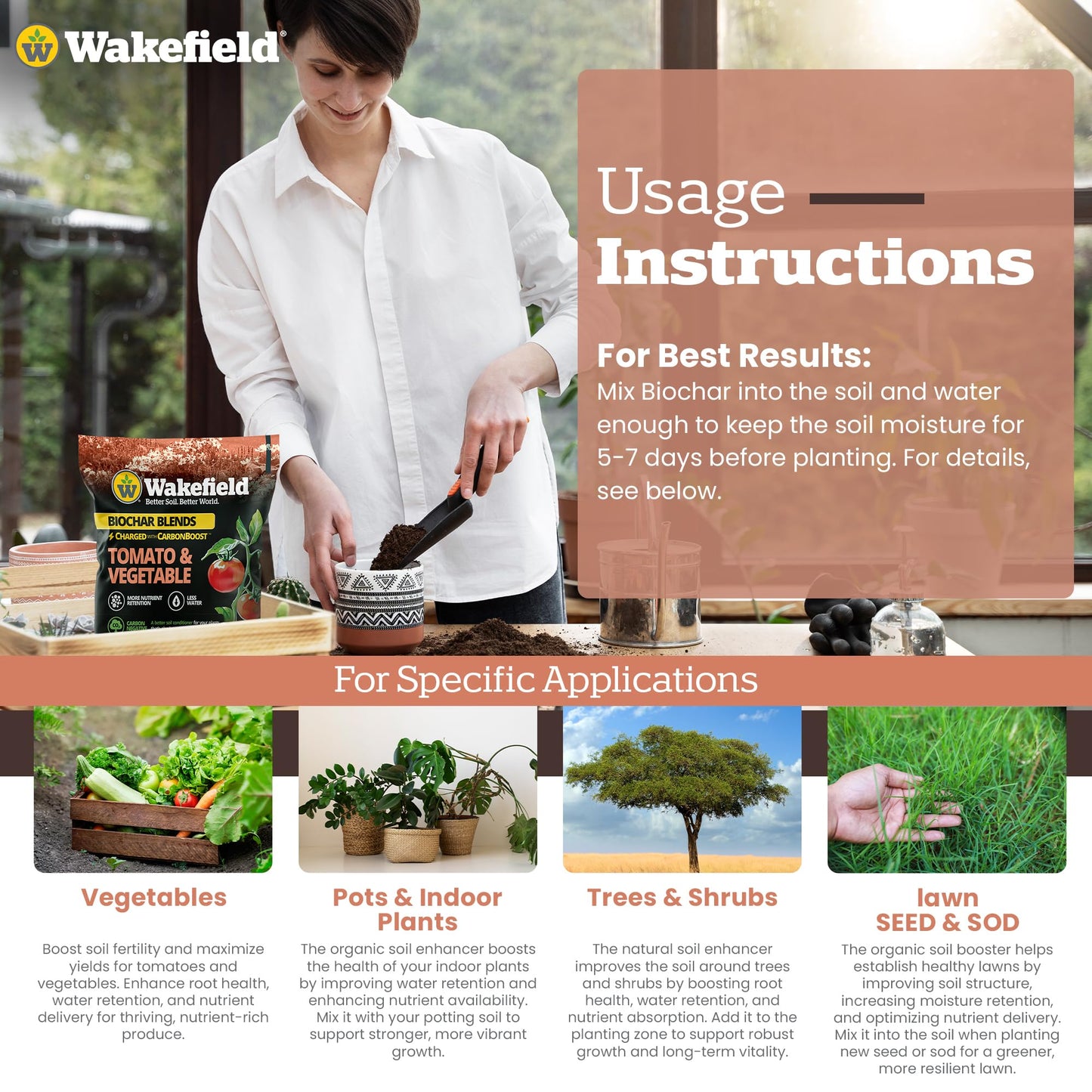 Wakefield Premium Biochar Blend – Organic Potting Soil for Vegetables, Tomatoes & Gardens – Potting Mix Enriched with Humic Acid & CarbonBoost – Versatile Top Soil for Indoor & Outdoor Plants-4quarts