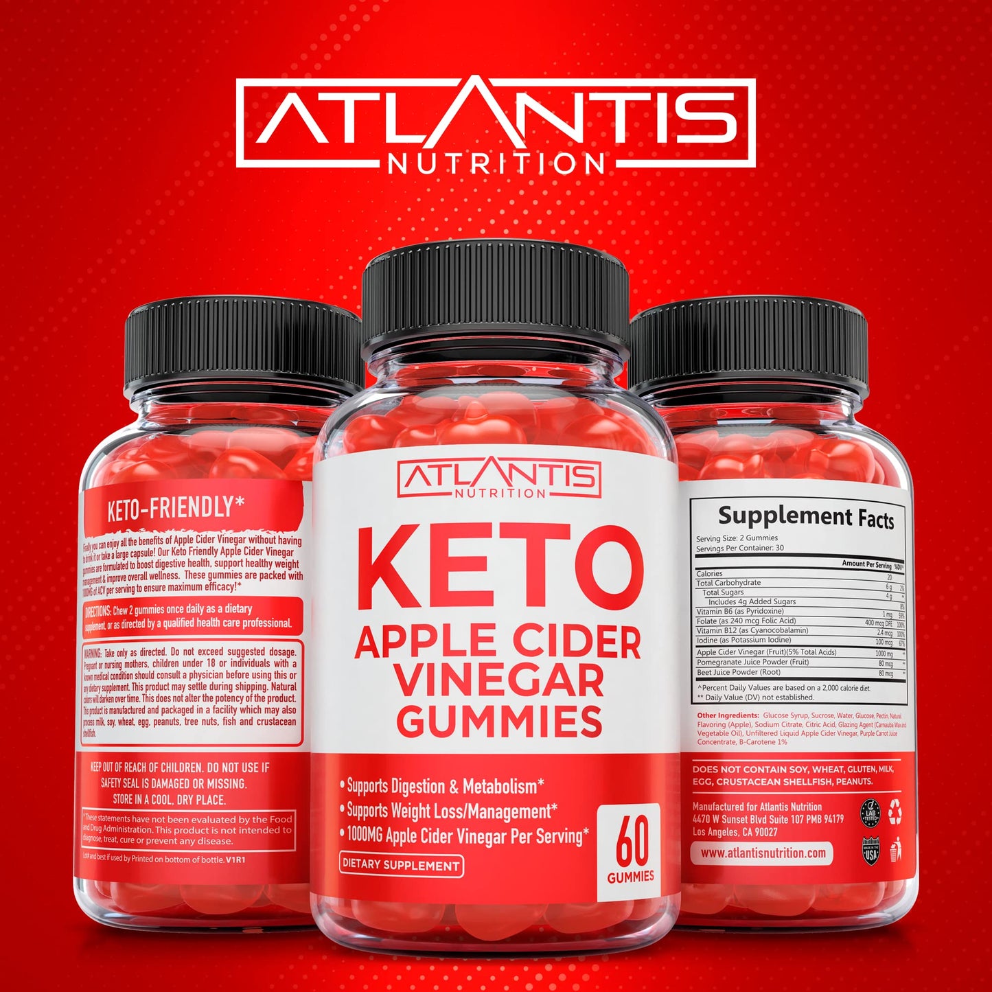 Atlantis Nutrition Keto ACV Gummies for Weight Loss - Apple Cider Vinegar Gummies Formulated to Support Advanced Weight Loss, Digestion, Detox & Cleansing, Made with 1000MG ACV Per Serving - 60 Count