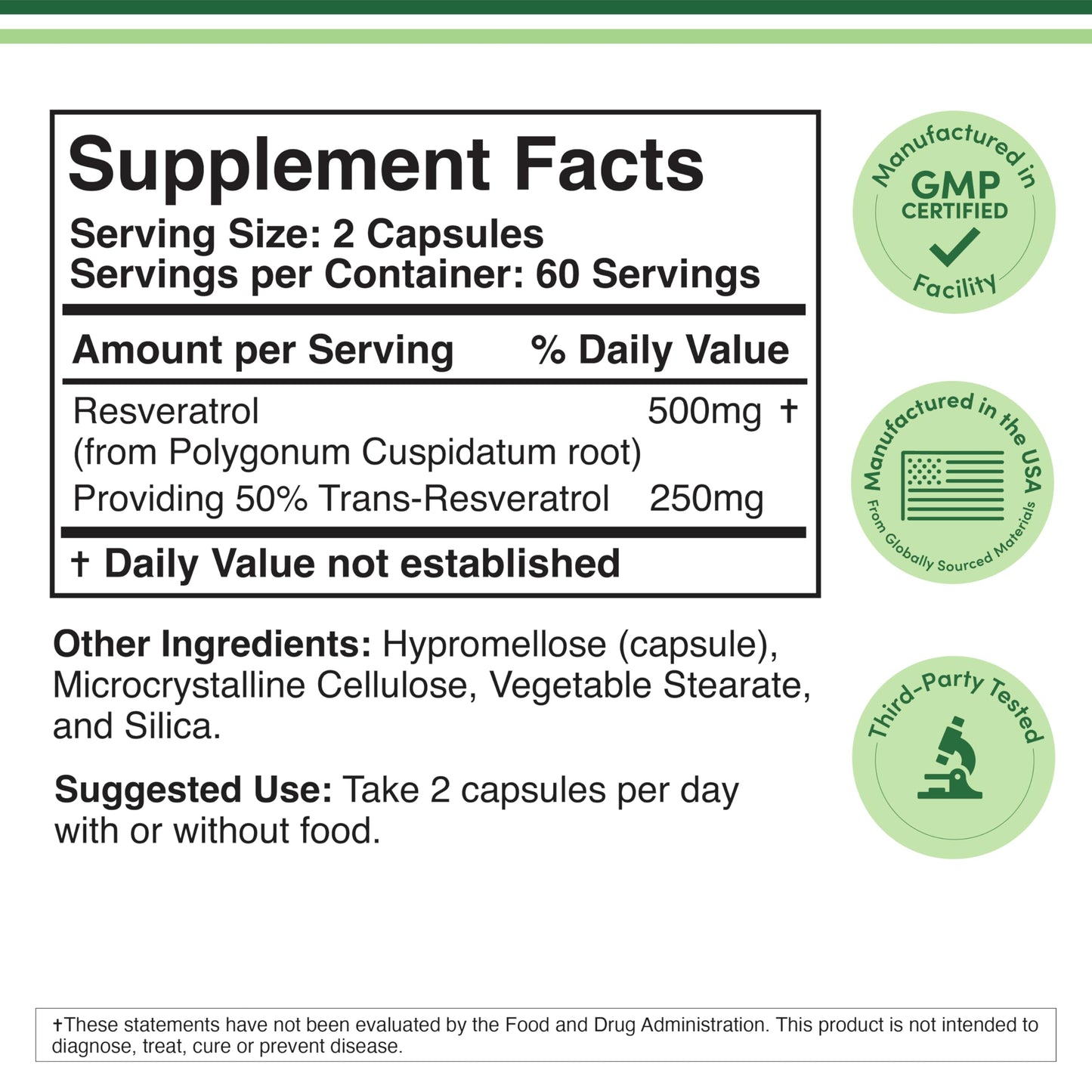 Resveratrol Supplement 500mg Per Serving, 120 Capsules (Resveratrol Polygonum Root Extract Providing 50% Trans Resveratrol) Healthy Aging Support by Double Wood