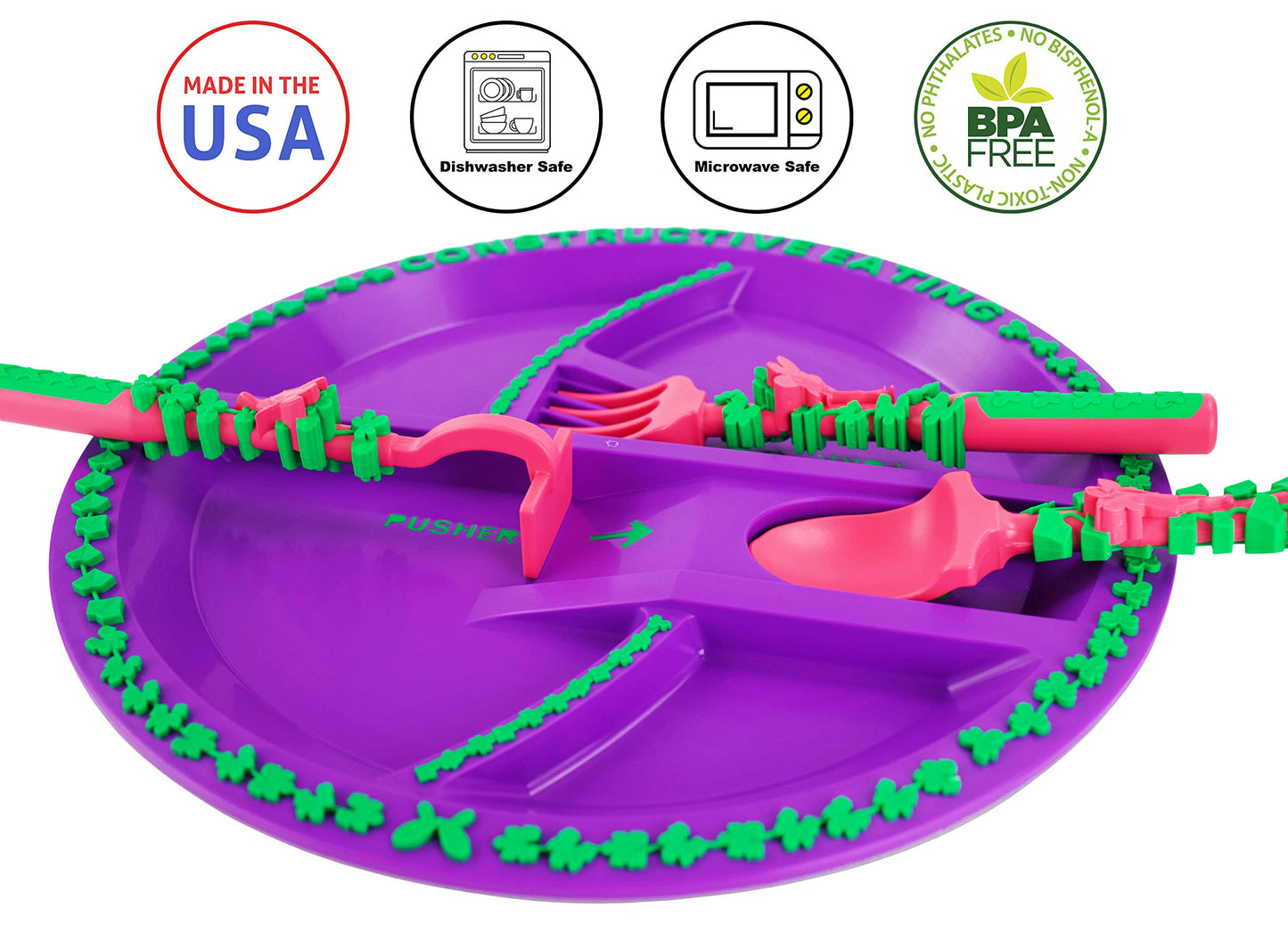 Constructive Eating Plate and Utensils Set - USA-Made Toddler Dinnerware with Divided Plates (Garden Fairy)