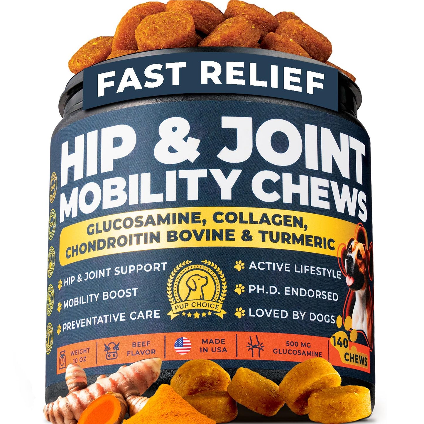 Hip & Joint Support Treats for Dogs - PhD Endorsed 500mg Glucosamine + Collagen, Chrondroitin & Turmeric- Preventative Care, Mobility Boost - 140 Treats - Beef Flavor - Made in USA