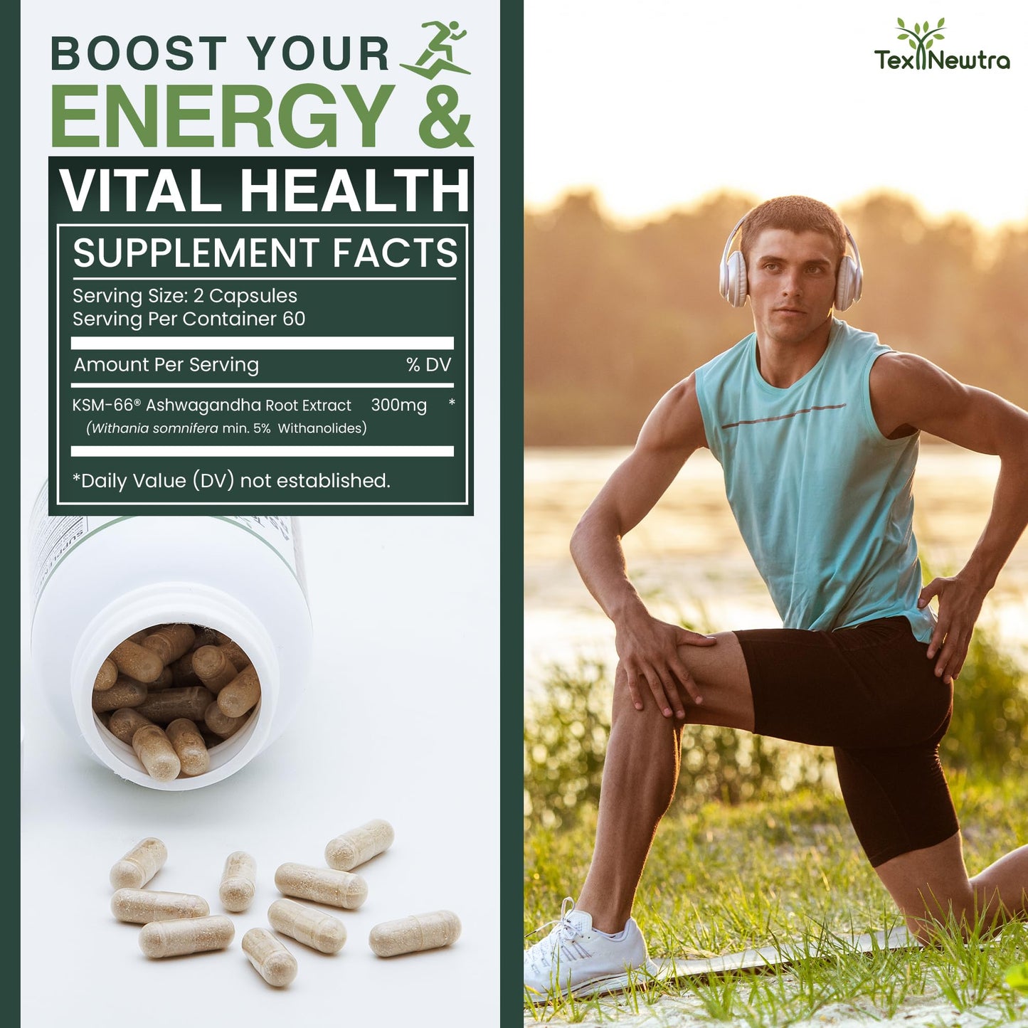 TEX NEWTRA KSM-66 Ashwagandha Root Extract 600mg, 60 Capsules - 5% Withanolides - Full-Spectrum Root Extract