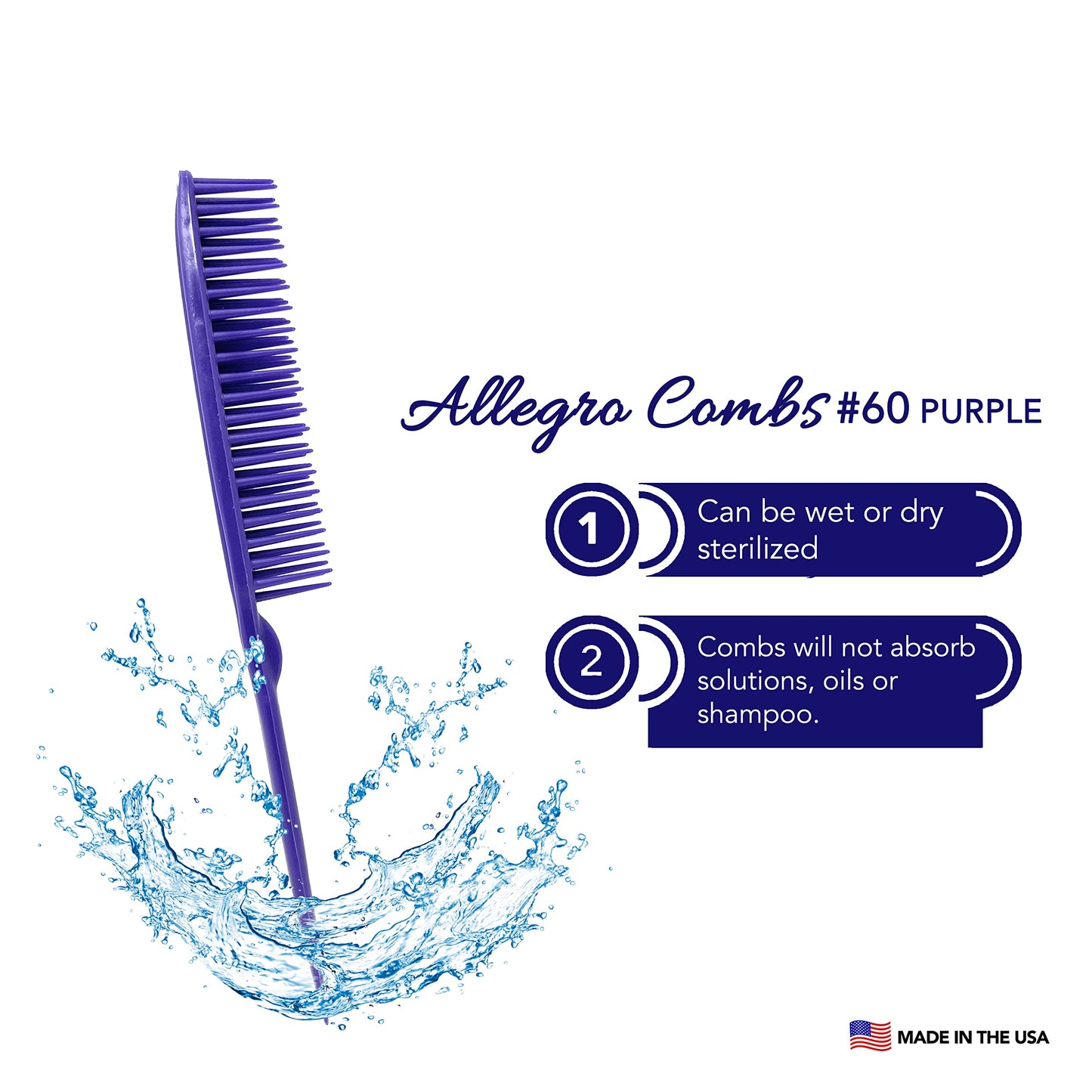Allegro Combs 60 Parting Three Row Combs Salon Hairstylist Hairdresser Detangle Combs For Natural Hair And Wigs For Curly Hair Made In The Usa 2 Pcs. (Purple)