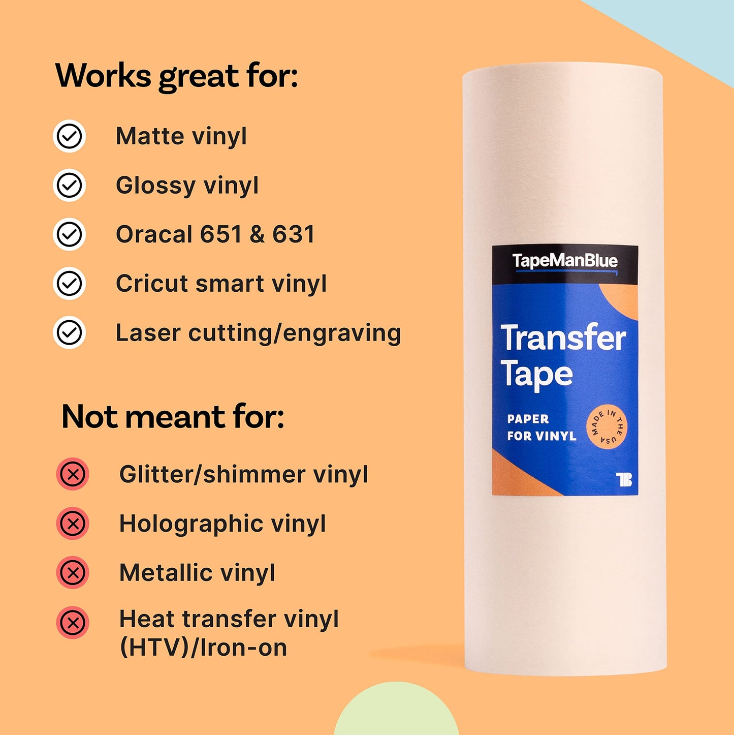12" x 100' Roll of Paper Transfer Tape for Vinyl, Made in America, Premium-Grade Transfer Paper for Vinyl with Layflat Adhesive for Cricut Crafts, Decals, and Letters