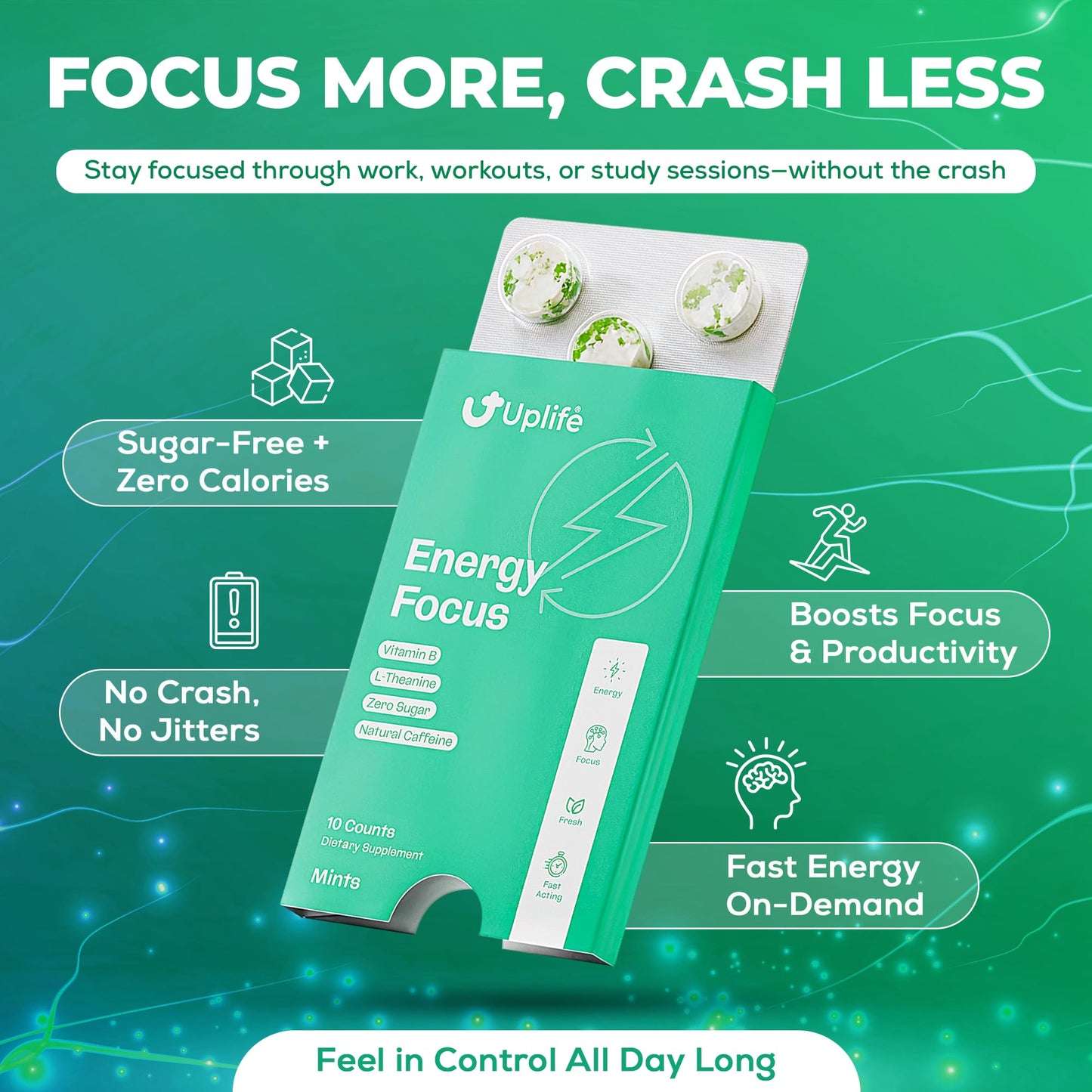 Uplife Energy + Focus Mints 60 Pieces – Fast-Acting 40 mg Caffeine Mint with 80 mg L-Theanine + Niacin Vitamin B3 & B12 + Sugar-Free & 100% Vegan – Caffeine Mints for Natural Energy Boost & Freshness