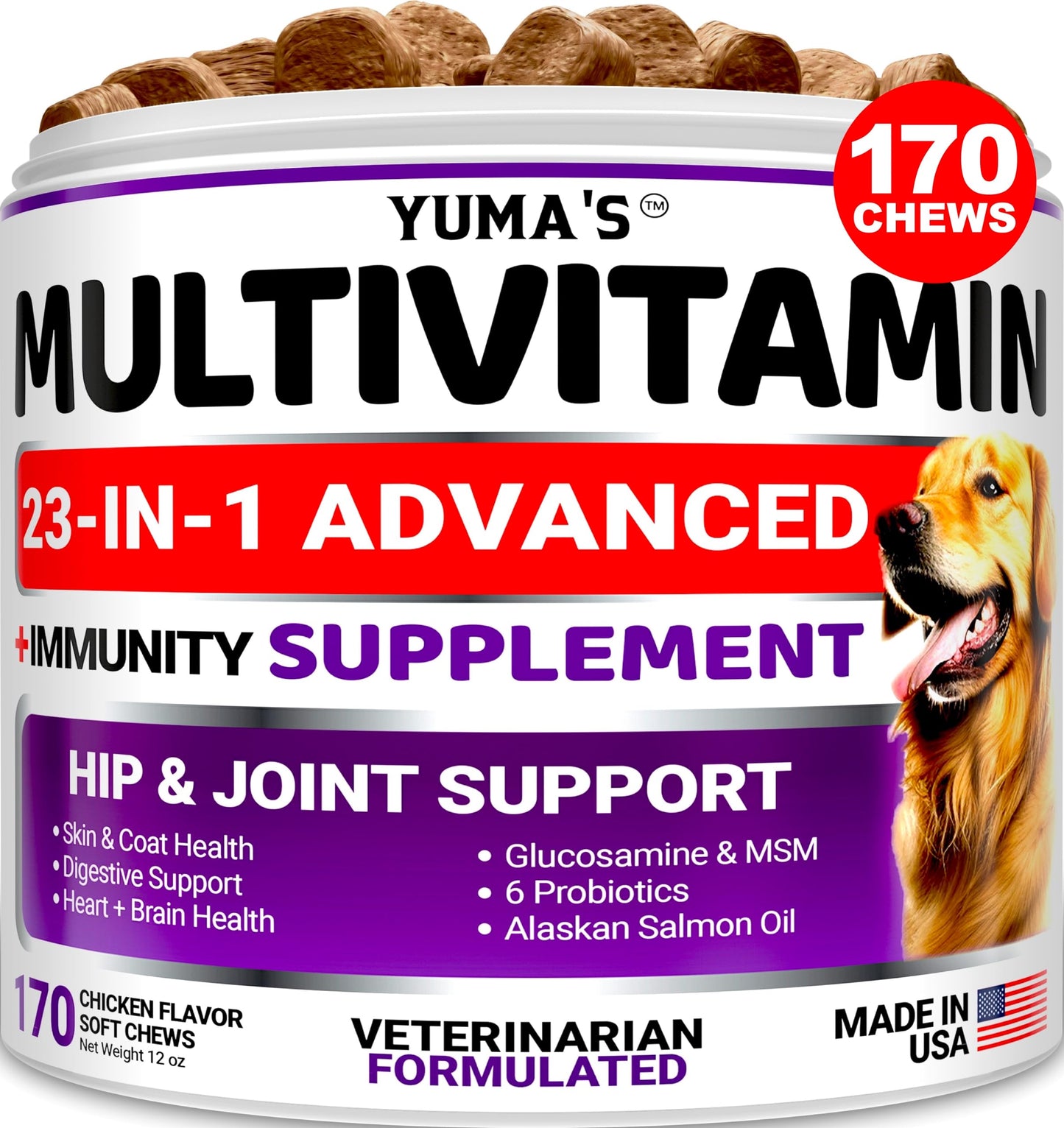 Dog Multivitamin Chewable with Glucosamine - Dog Vitamins and Supplements - Senior & Puppy Multivitamin for Dogs - Hip & Joint Support - Immune Health, Skin, Heart, Digestion, Probiotics