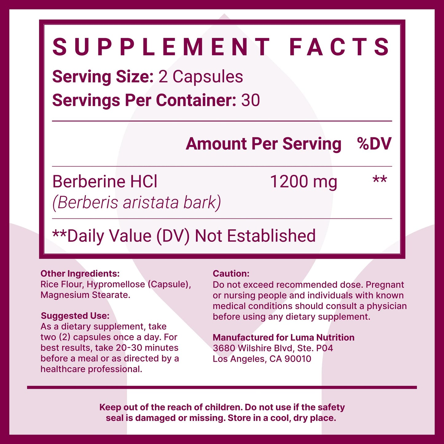 Luma Nutrition Berberine Supplement - Berberine HCL 1200mg Per Serving - Vegan, Gluten Free, Non-GMO - 60 Capsules