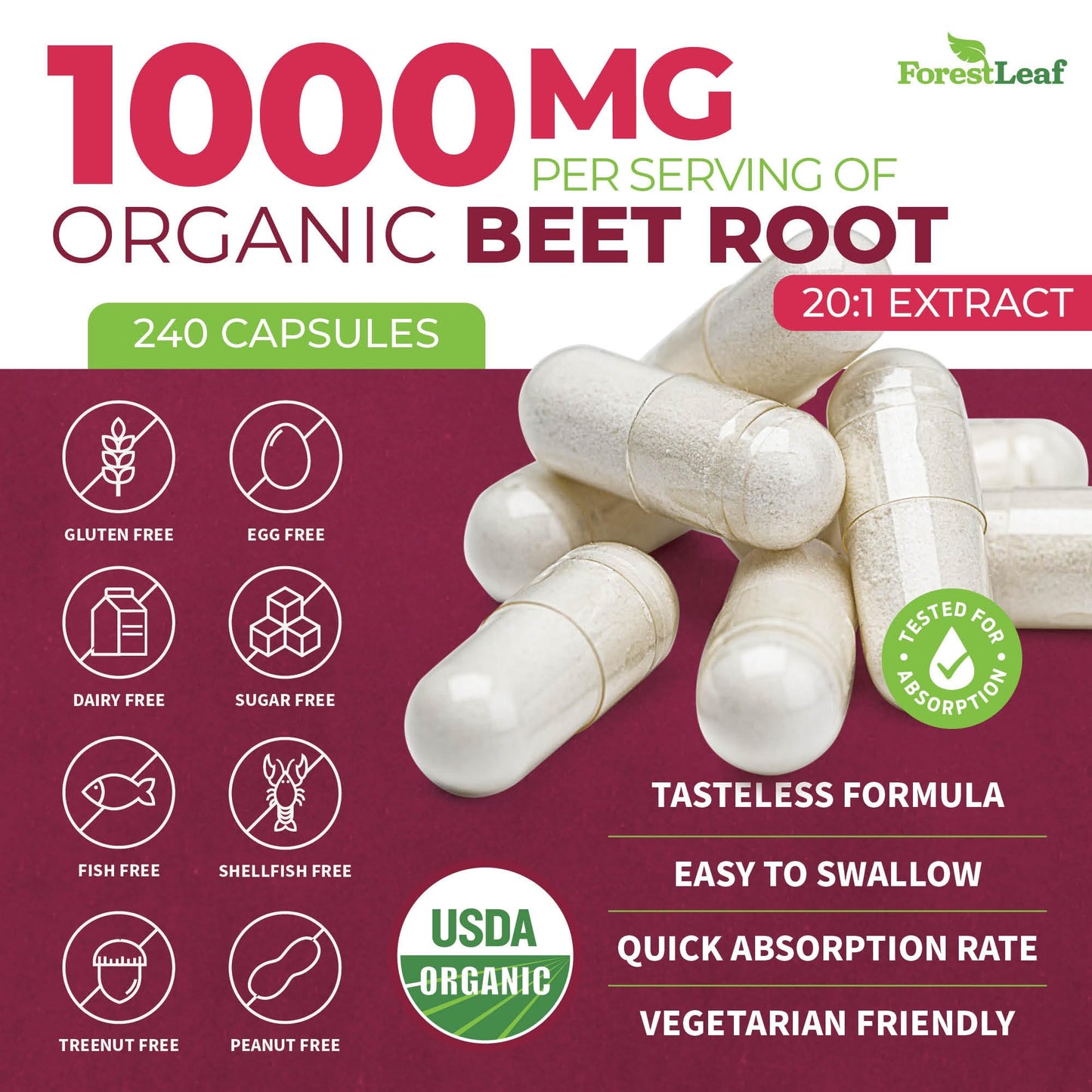 ForestLeaf Beet Root Capsules, 1000mg, 20:1 Extract, with Ginger, Grape Seed, Supports Blood Flow, Energy (120 Count (Pack of 2))