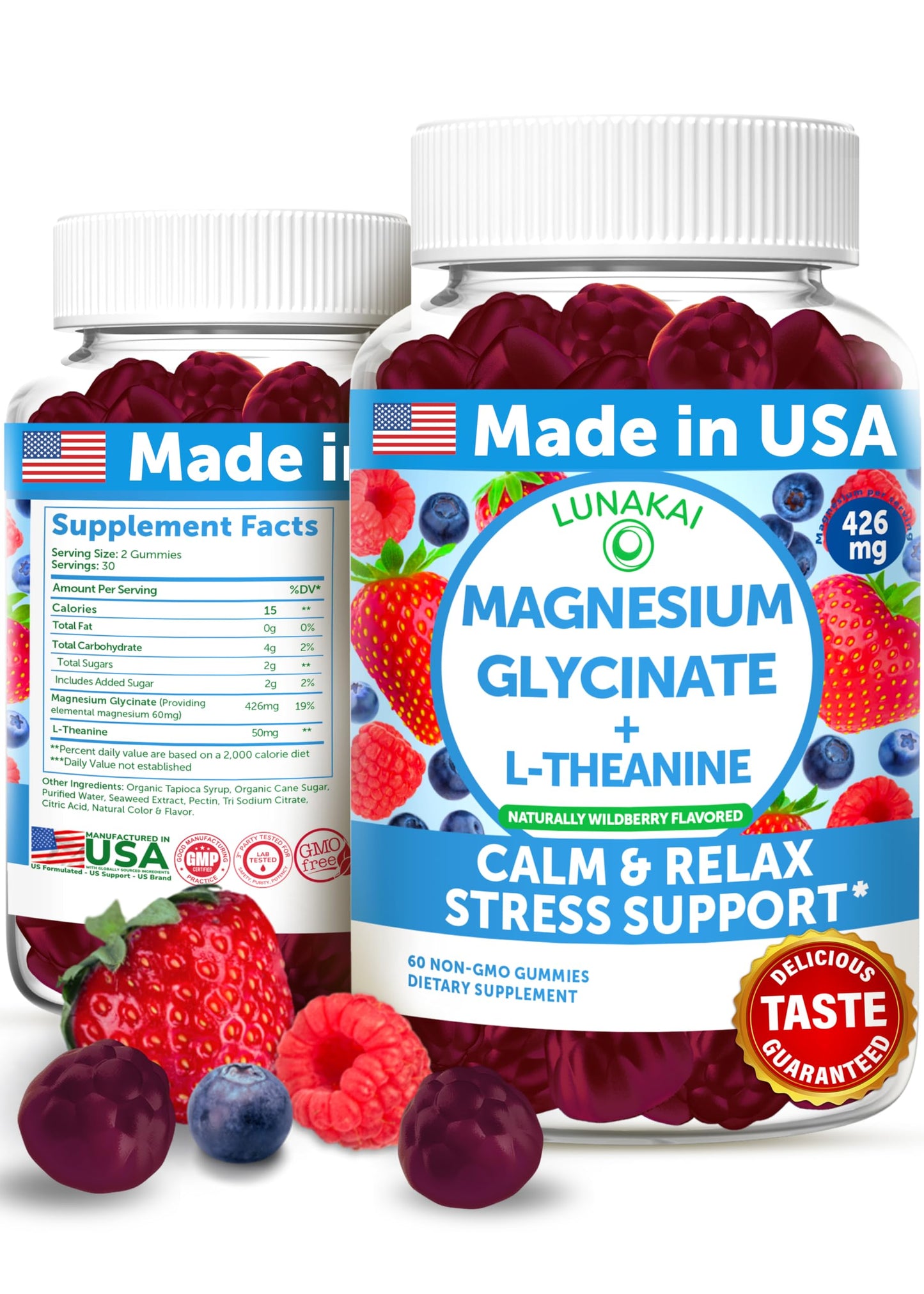 Lunakai USA Made Magnesium Glycinate Gummies 426mg with L-Theanine – Calm, Sleep, Stress Relief for Adults & Kids, Non-GMO, Vegan, 60ct