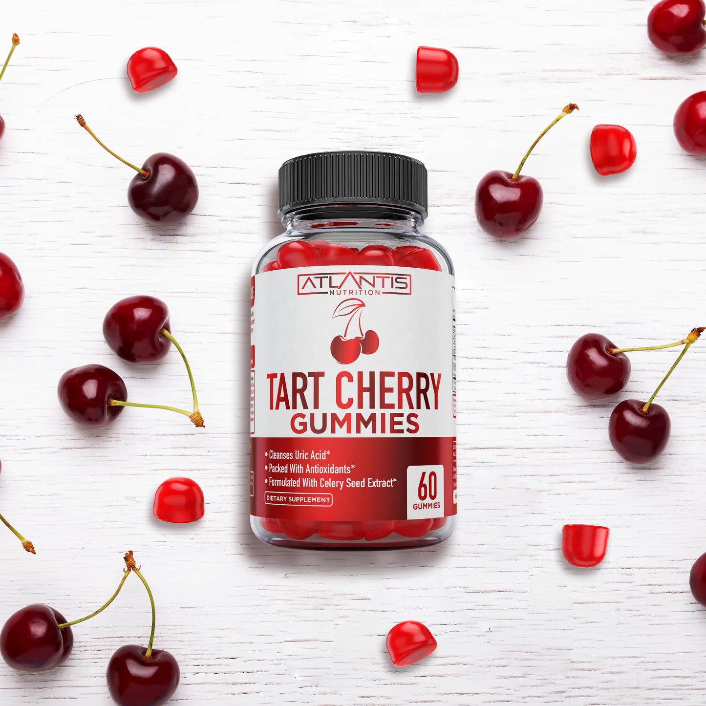 Atlantis Nutrition Tart Cherry Gummies with Celery Seed Extract - Advanced Uric Acid Cleanse for Immediate Gout Relief, Joint Relief & Recovery | Powerful Antioxidant with Joint Support - 60 Gummies
