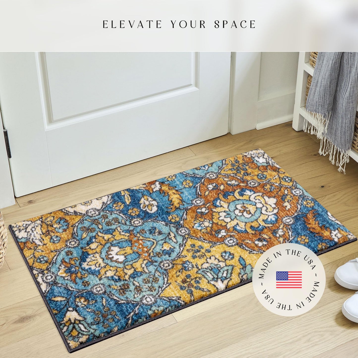 Maples Rugs Sutton Oriental Area Rugs – Made in USA – Washable, Non Slip Indoor Carpet for Entryway, Foyer, Kitchen, and Bathroom, 20" x 34", Blue/Orange