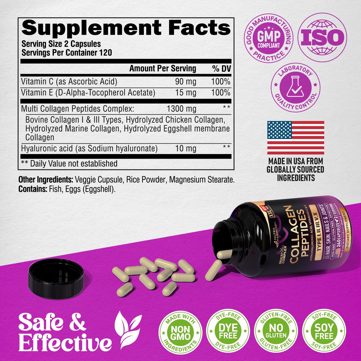 Multi Collagen Peptides - Hydrolyzed Types I, II, III, V & X - Collagen Supplement for Women 1300mg - w/ Hyaluronic Acid, Vitamins C & E - Skin, Hair, Nails & Joint Support - Made in USA, 240 Capsules
