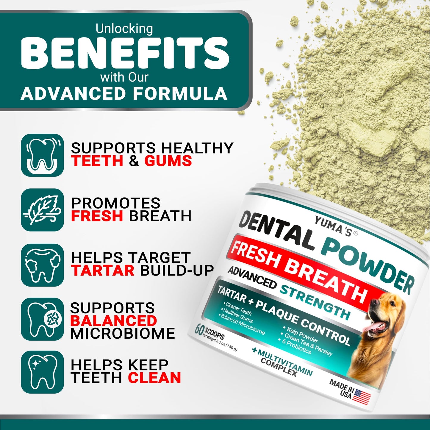 Dog Dental Powder - Breath Freshener - Dog Teeth Cleaning Powder - Tartar and Plaque Off Remover for Dogs - Probiotics - Multivitamin Blend Pet Oral Care Vitamins and Supplements - All Breeds & Sizes