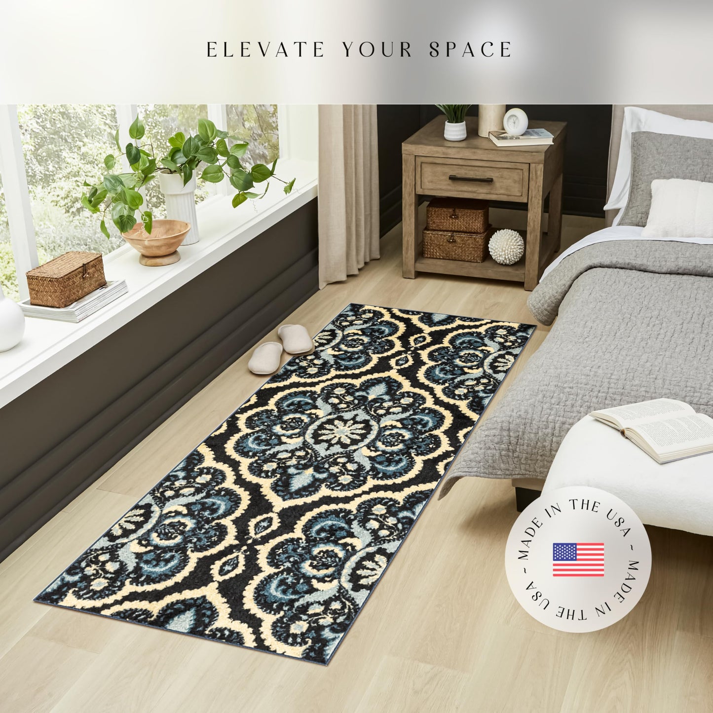 Maples Rugs Vivian Medallion Runner Rug - Made in USA - Washable, Non Slip, Indoor Carpet for Hallway, Kitchen, and Laundry Room, 2'6 x 6', Persian Blue