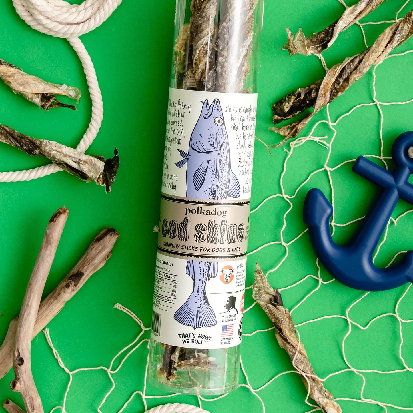 Polkadog Cod Skins Dog Treat - Lean Protein, Made in USA, Single-Ingredient, Grain & Gluten Free, for All Breeds - Crunchy Fish Skin Treat for Teeth Health