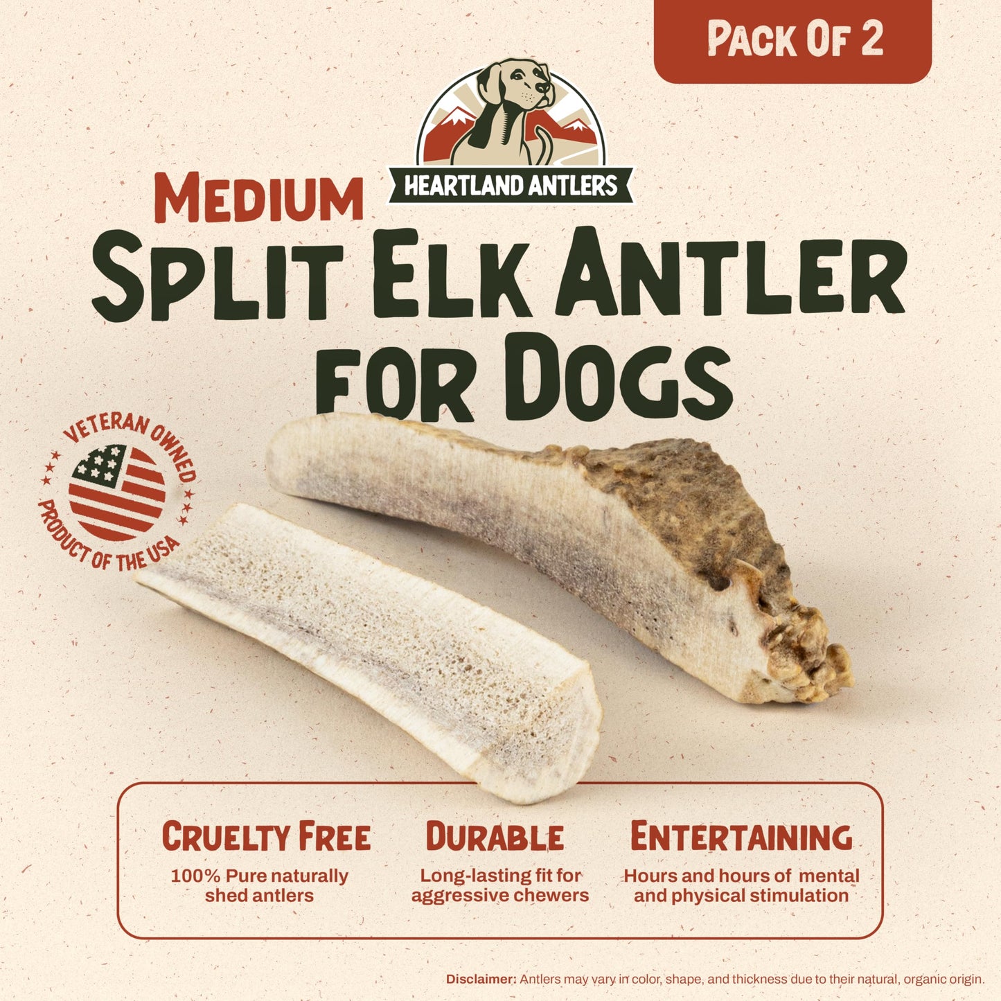 Heartland Elk Antlers for Dogs (Split Elk, 5–6", Medium, 2-Pack) – Grade A, Naturally Shed | Long-Lasting, Safe Chew for Aggressive Chewers & Puppies | Odor-Free | USA Made | Veteran Owned