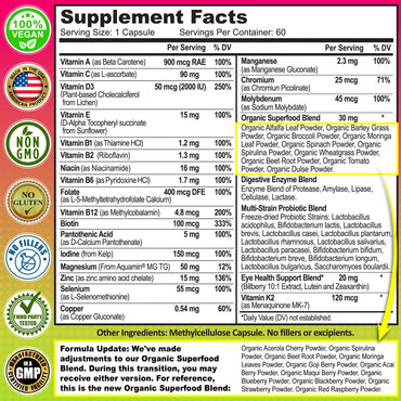 Women's Daily Multivitamin 50 Plus - Vegan Methylated Multivitamin for Women 50 and Over with Biotin, Organic Superfoods & Lutein - Eye, Energy, Gut & Optimal Health Support - Easy to Swallow Capsules