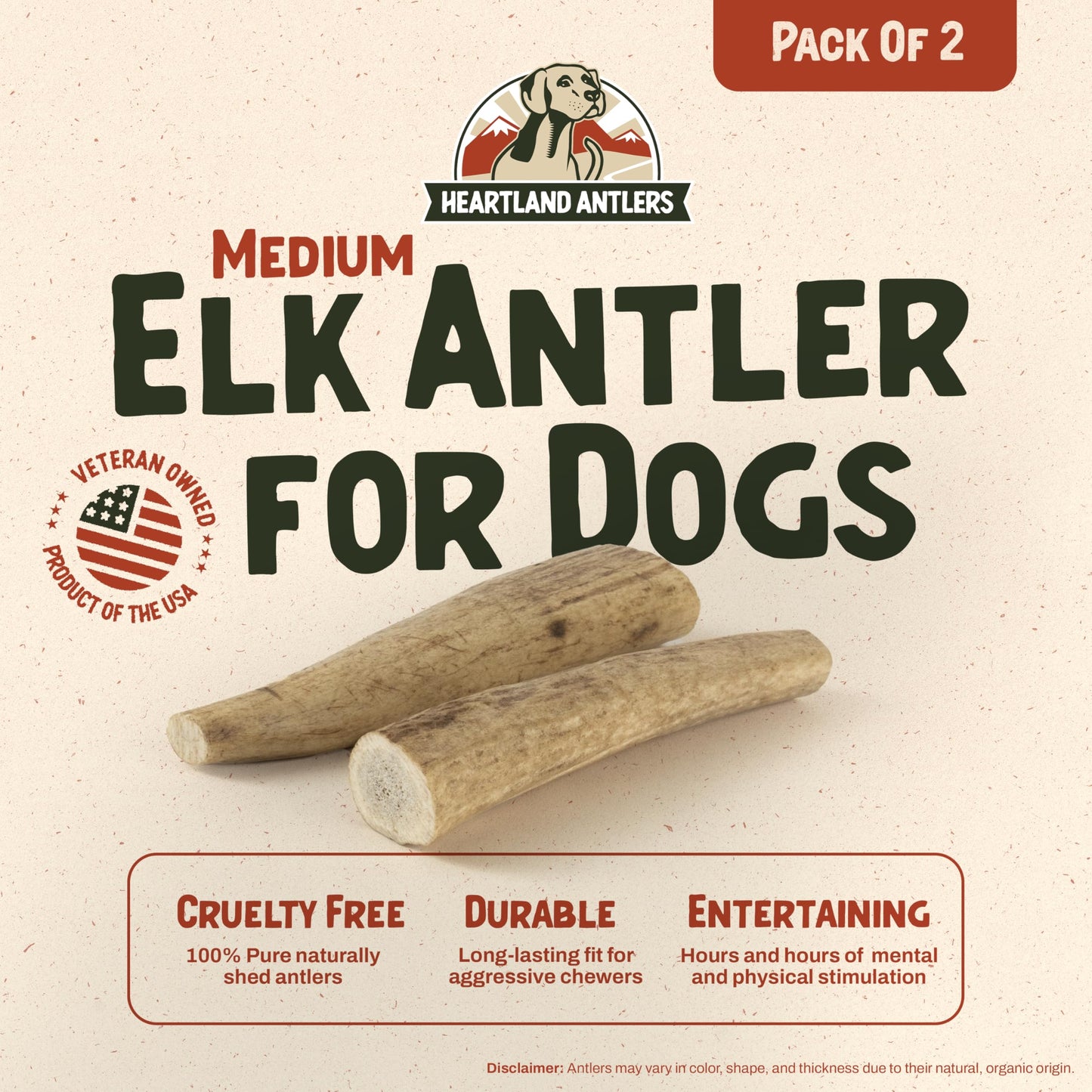 Heartland Elk Antlers for Dogs (Whole Elk, 5–6", Medium, 2-Pack) – Grade A, Naturally Shed | Long-Lasting, Odor-Free Chew for Aggressive Chewers & Puppies | USA Made | Veteran Owned