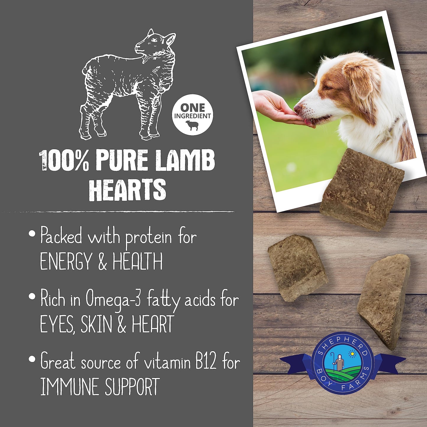 Shepherd Boy Farms Freeze Dried Dog and Cat Treats, Lamb Heart, All Natural Single Ingredient Freeze-Dried Dog Treat & Dog Snacks, Made in USA, High Protein, Essential Nutrition of Raw Dog Food, 8oz