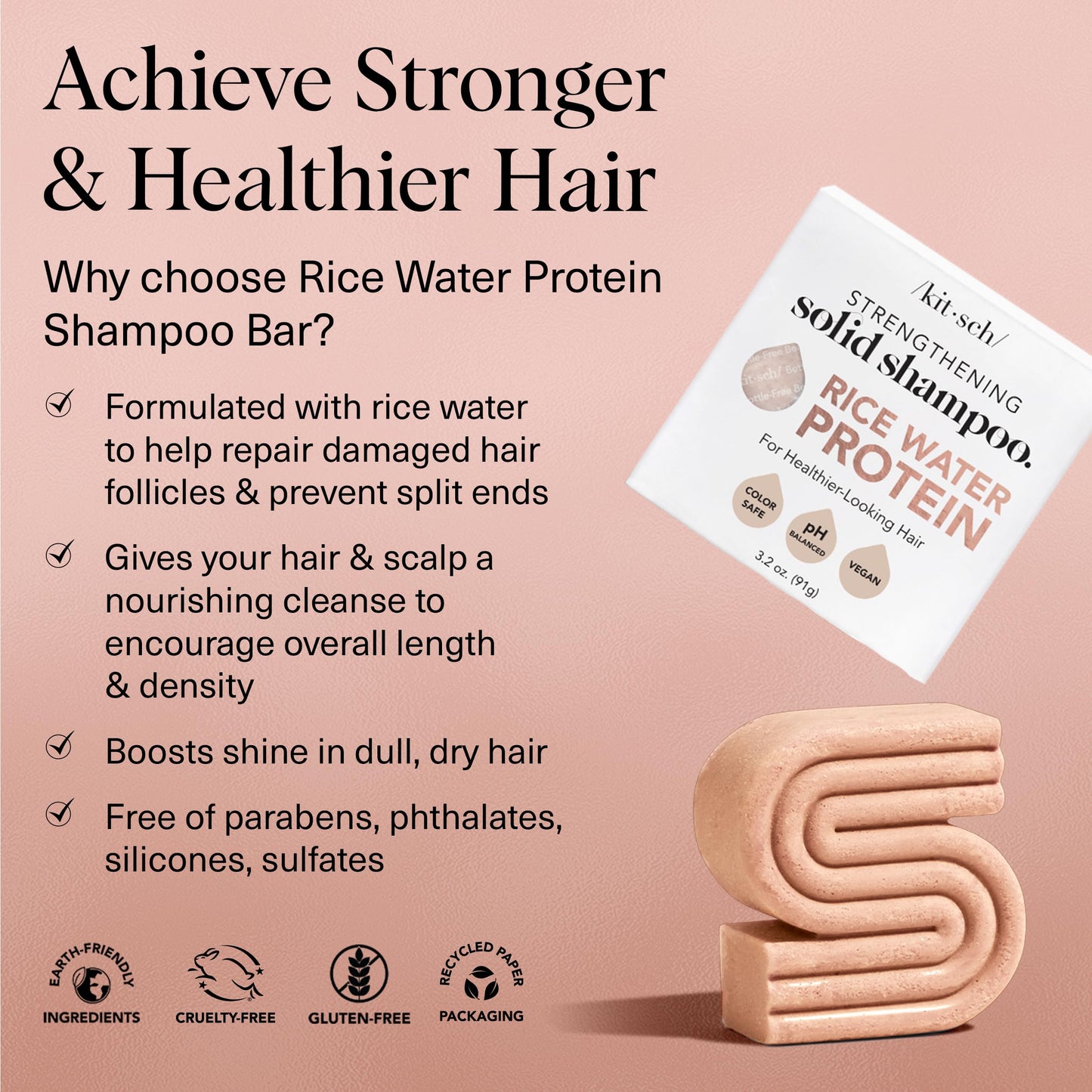 Kitsch Rice Water Shampoo Bar - Dry Hair Shampoo & Soap Bar for Hair Care - Women and Mens Shampoo - Strengthens Damaged Hair - Vegan, Paraben-Free, Sulfate-Free – All Hair Types, Made in USA - 3.2oz