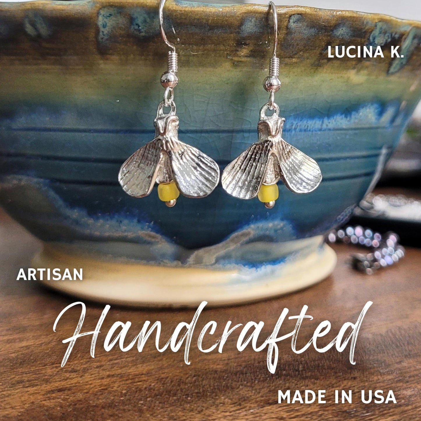 Pewter Firefly Lightning Bug Earrings - Gift Packaged with Chase your Dreams Story Card - Graduation, Wedding, and Shower Gift- Made in USA