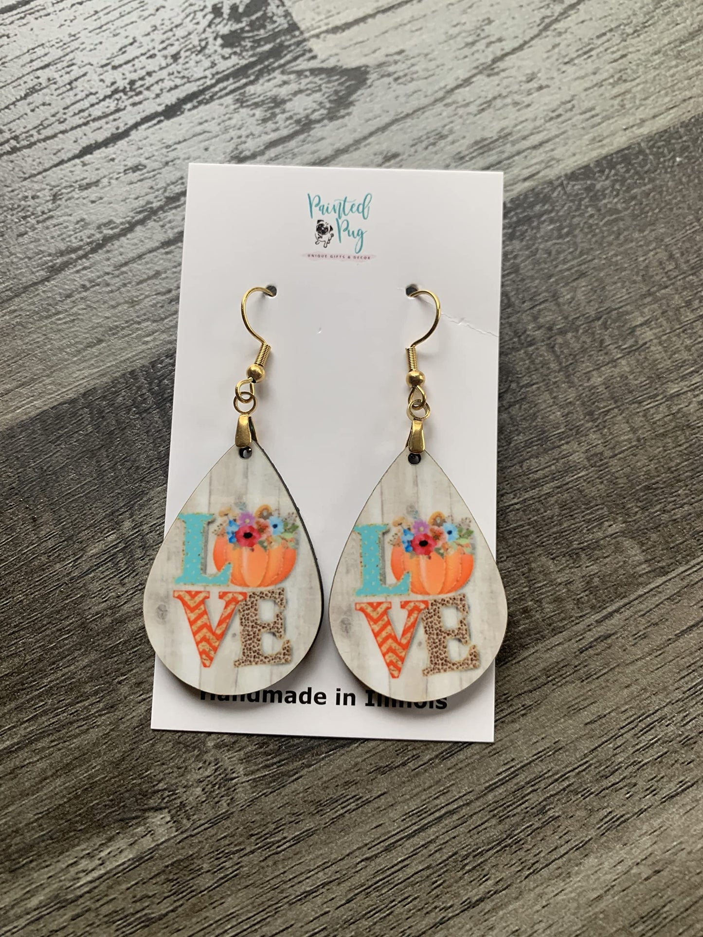 Fall Earrings for Women Autumn Lightweight Teardrop Dangle Fun Colorful Statement Jewelry Handmade by the Painted Pug (Fall LOVE)