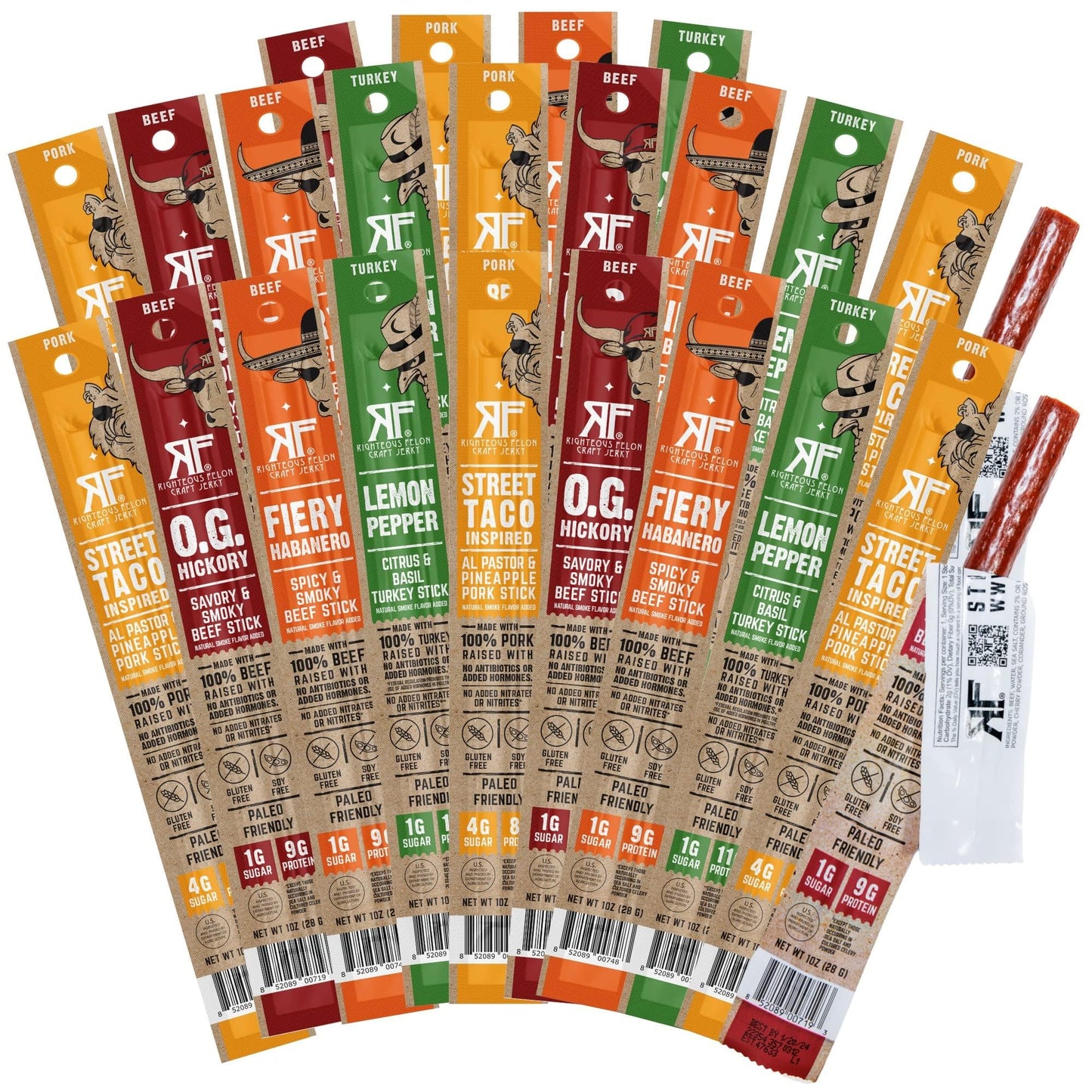 Righteous Felon Meat Sticks Variety Pack | Healthy Snack for Adults | Gluten Free & Keto Meat Sticks | Low Sugar & High Protein Meat Sticks | Turkey, Pork, Beef Sticks | Jerky Gifts for Men | 24 Pack