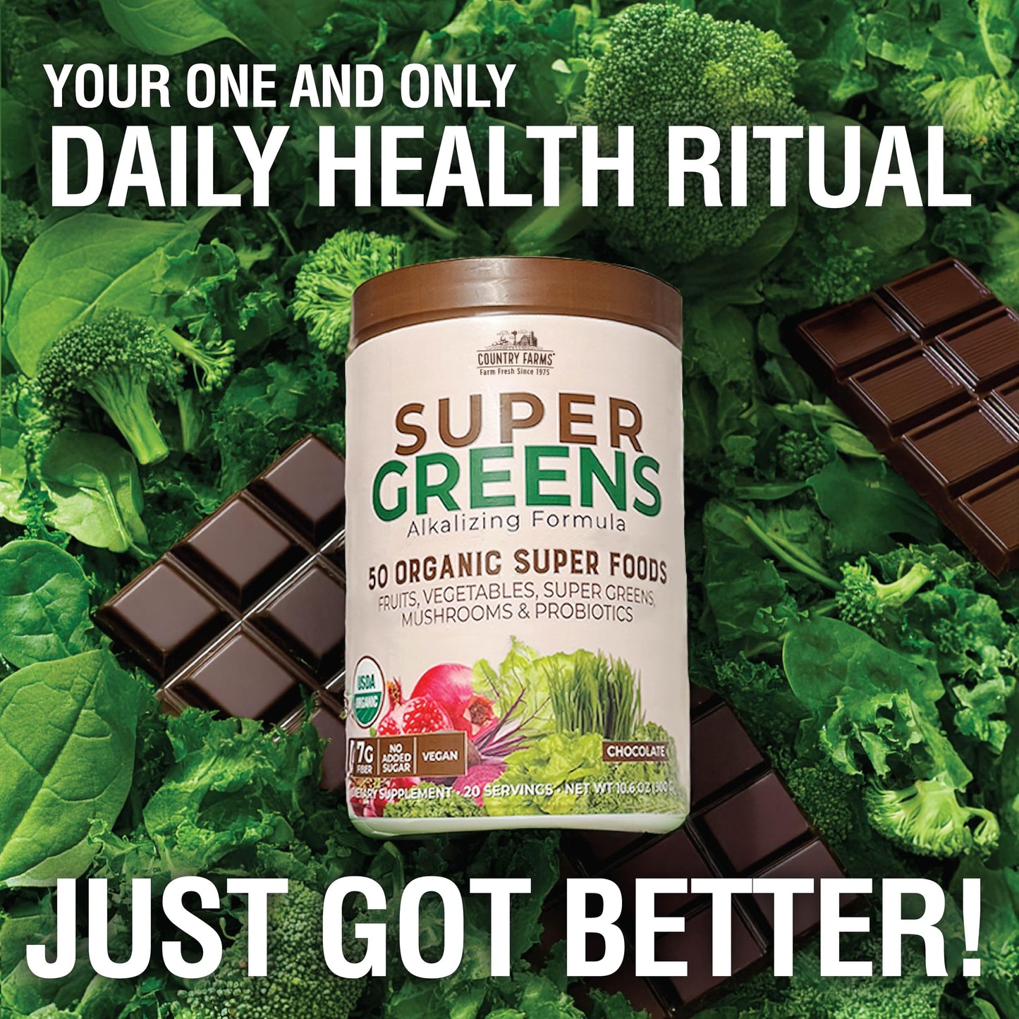 COUNTRY FARMS Organic Super Greens Chocolate Flavor, 50 Organic Super Foods, USDA Organic Drink Mix, Packed with Fiber, Fruits, Vegetables, Mushrooms & Probiotics, Supports Energy, 7g Fiber