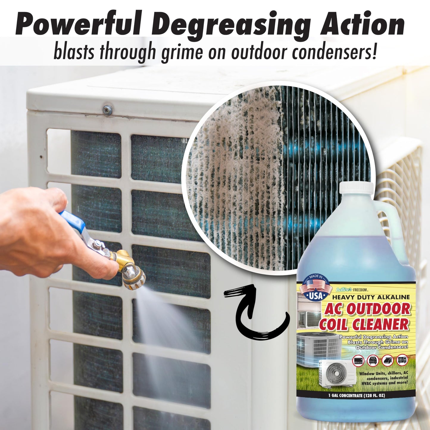 Nature's Freedom HVAC Coil Cleaner – Heavy Duty Alkaline Formula for Outdoor AC Condenser Units – Gallon