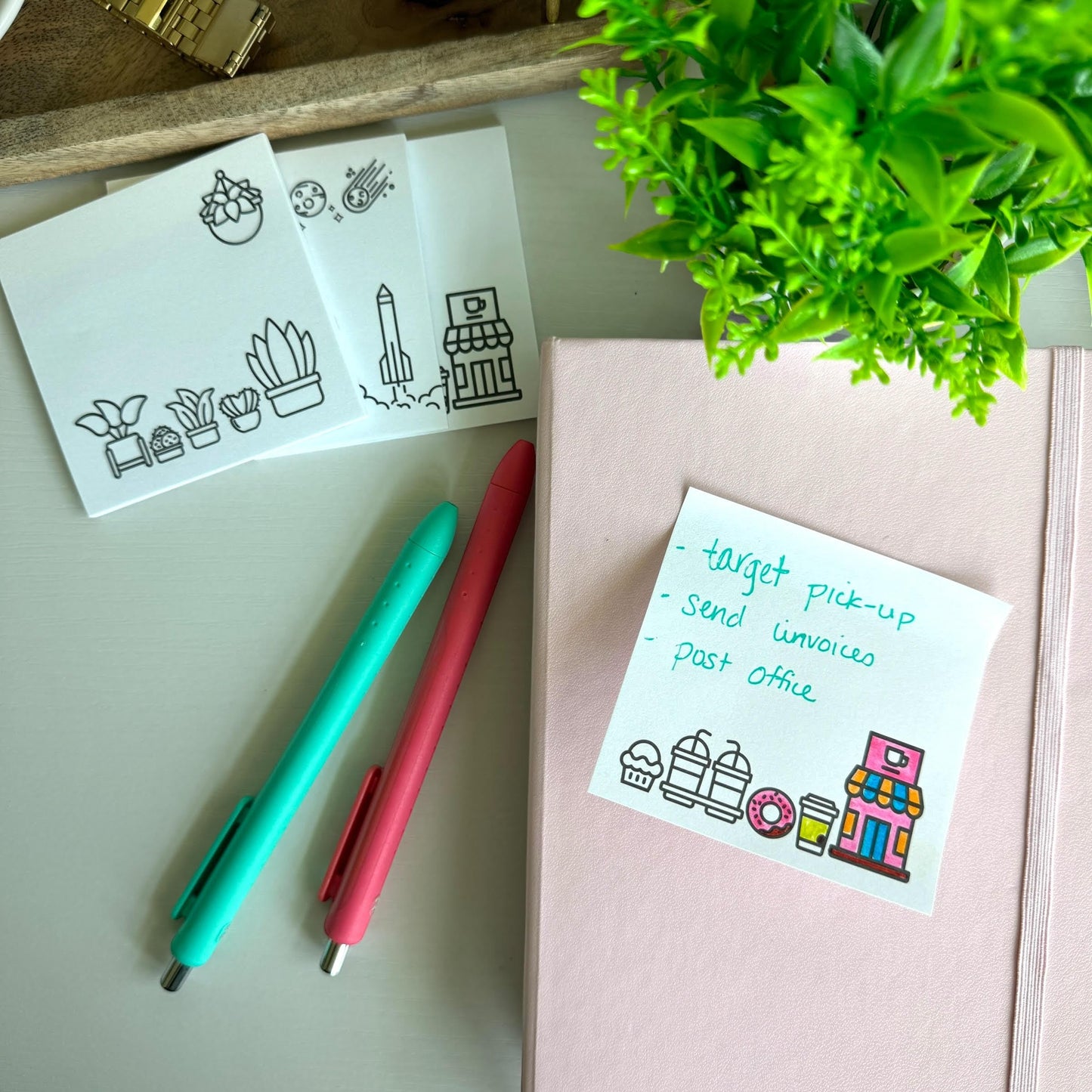 A Brighter Year Color Your Own Post-It Notes Bundle - 3 Sticky Note Pads - 3” x 3” Self Stick Notes - Coffee, Plant, & Space Themes -School, Office, Home, Travel, Notebook - Relaxation, Stress Relief