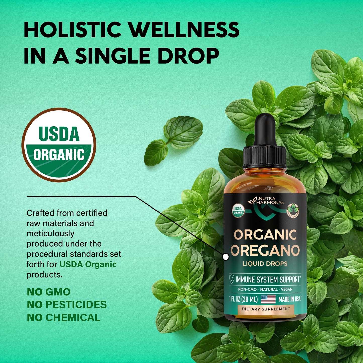 USDA Organic Oil of Oregano - Liquid Drops with Vitamin E - Made in USA - Supplement for Immune Support, Digestion Health & Antioxidant - Non-GMO, Natural, Vegan - Pack of 2