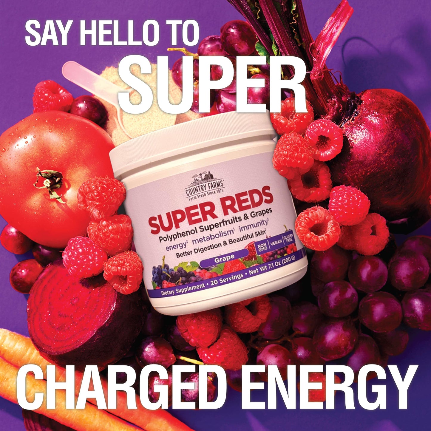 Country Farms Super Reds, Energizing Polyphenol Superfood, 40 Super Fruits and Berries, Powerful Antioxidants and Polyphenols, Supports Energy and Immunity, 20 Servings, Grape Flavor