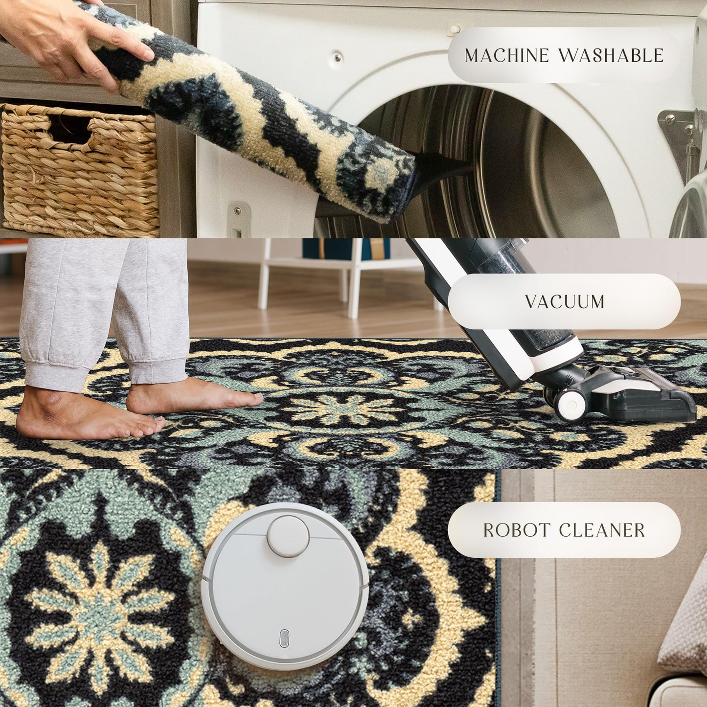 Maples Rugs Vivian Medallion Runner Rug - Made in USA - Washable, Non Slip, Indoor Carpet for Hallway, Kitchen, and Laundry Room, 2'6 x 6', Persian Blue
