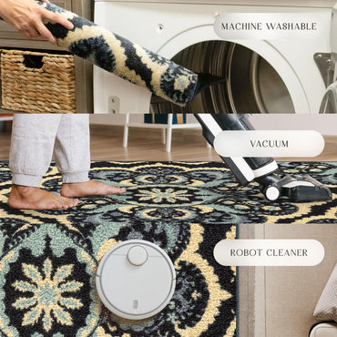 Maples Rugs Vivian Medallion Runner Rug - Made in USA - Washable, Non Slip, Indoor Carpet for Hallway, Kitchen, and Laundry Room, 2'6 x 6', Persian Blue