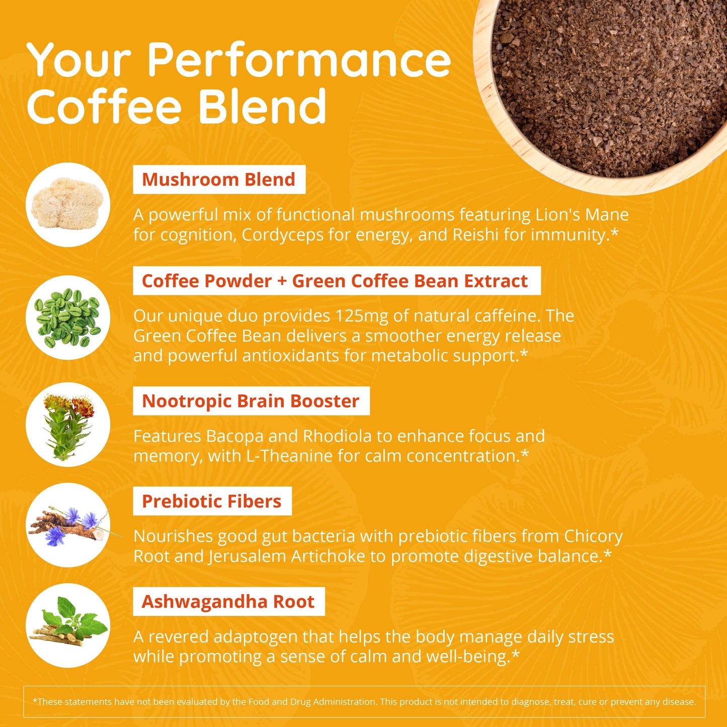 Mushroom Coffee with 125mg Caffeine – Lion’s Mane, Cordyceps, Reishi & Chaga | Adaptogen Nootropic Instant Mushroom Coffee for Energy & Focus | Medium-Dark Roast, Vegan, No Sugar – 30 Servings