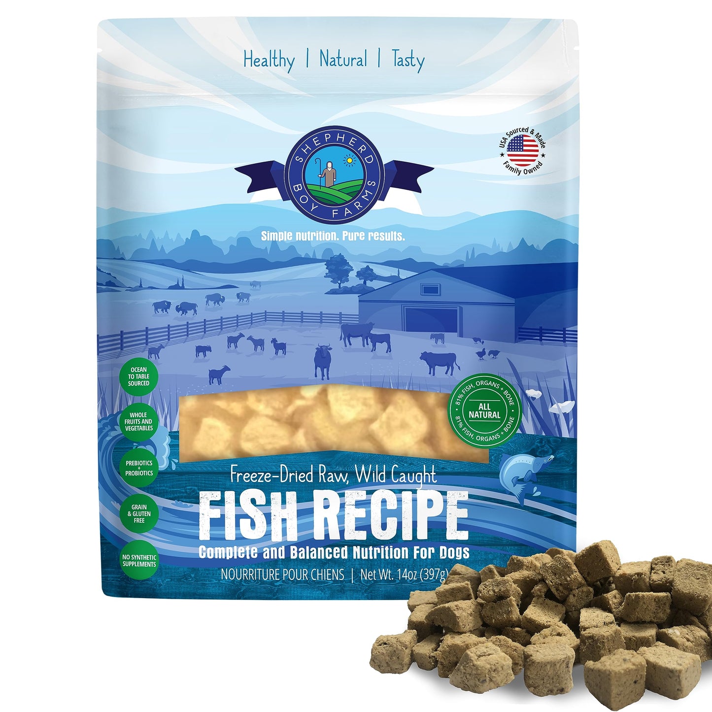 Shepherd Boy Farms Freeze Dried Raw Dog Food (Fish Medley Recipe), All Natural Food, 14 oz Bag, Freeze-Dried Dog Food, Made in USA with Organic Produce, High in Protein, Food Topper or Complete Meal